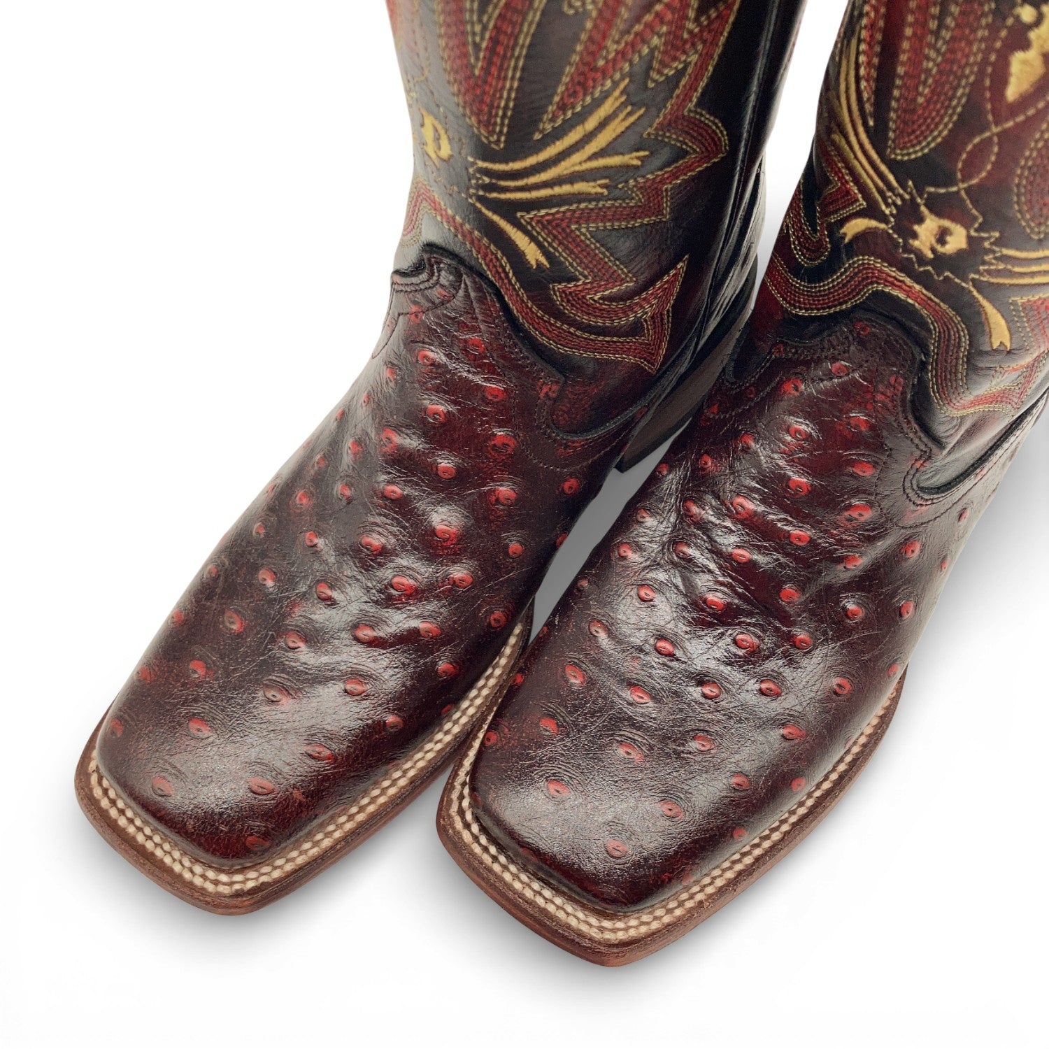 Men’s Leather Cowboy Boot Square Toe Embossed Ostrich Print Western Boot
