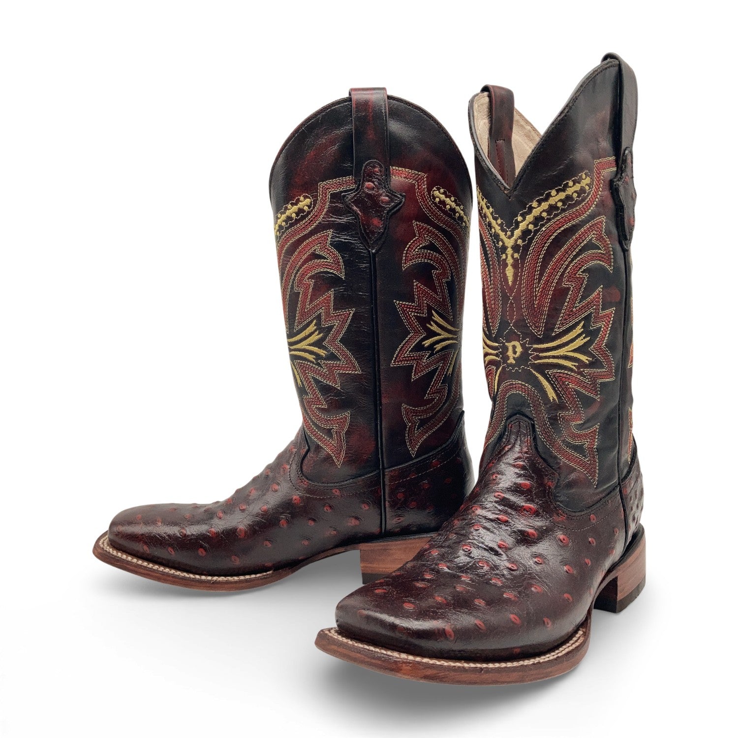 Men’s Leather Cowboy Boot Square Toe Embossed Ostrich Print Western Boot