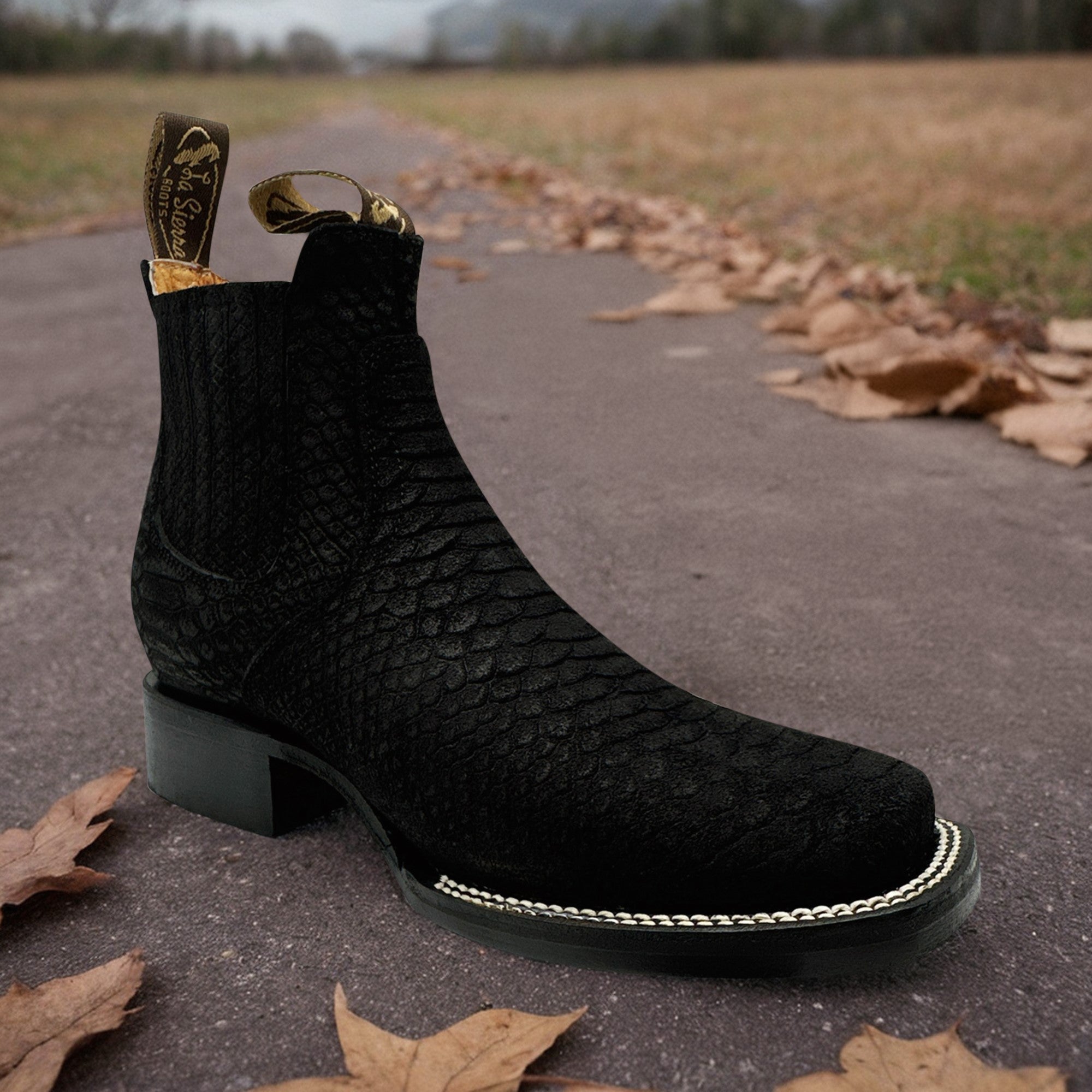 Men’s Genuine Leather Square Toe Embossed Python Snake Print Short Ankle Cowboy Boot