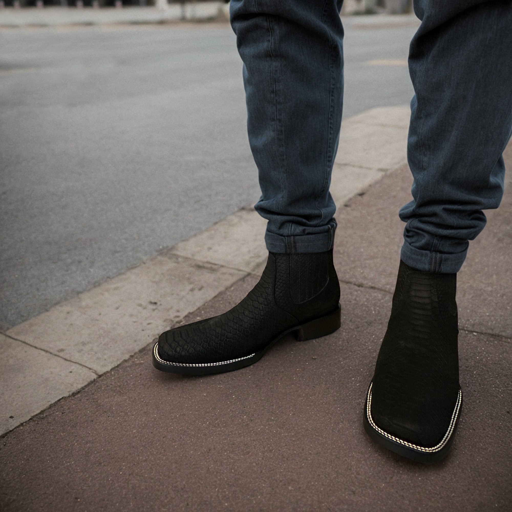 Men’s Genuine Leather Square Toe Embossed Python Snake Print Short Ankle Cowboy Boot