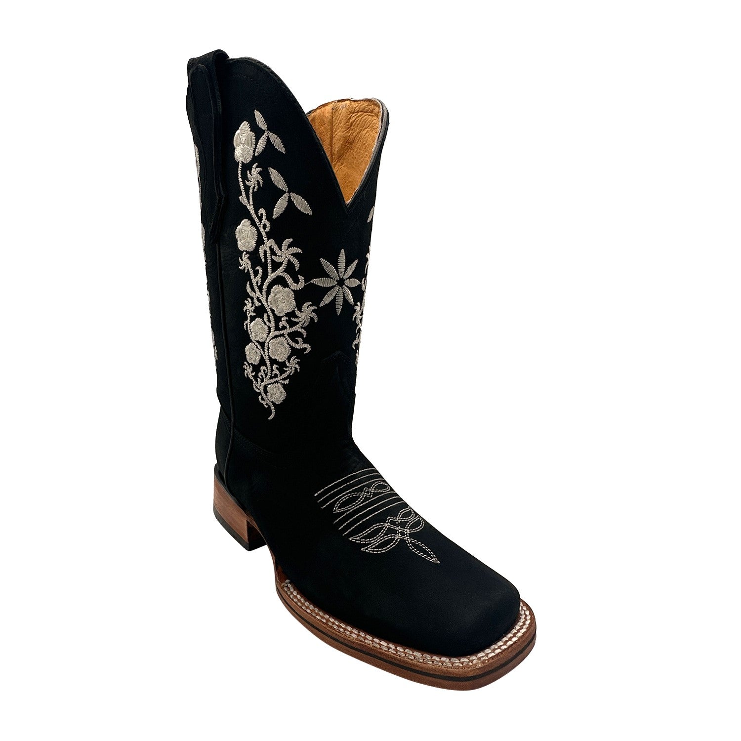 Womens Leather Square Toe Embroidered Western Boot