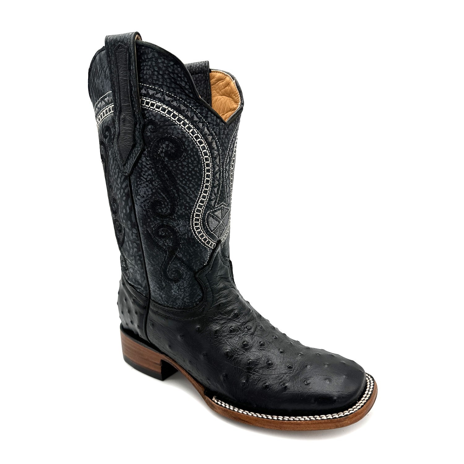 Men's Leather Ostrich Quill Print Square Toe Western Cowboy Boot