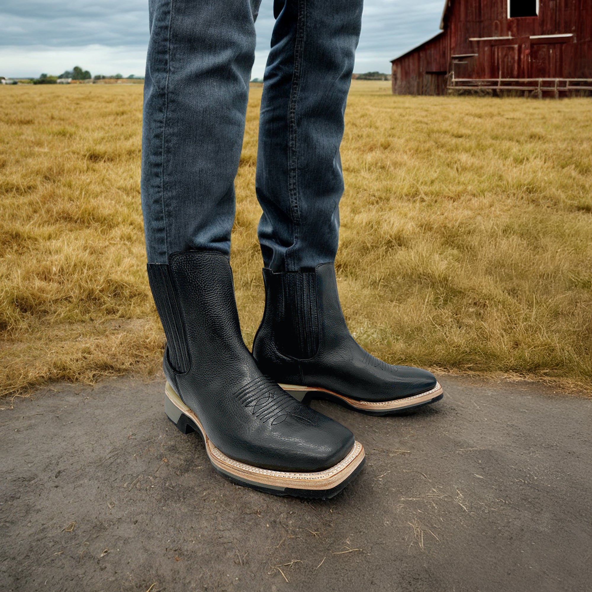 Men’s Square Toe Leather Ankle Boot Rubber Sole
