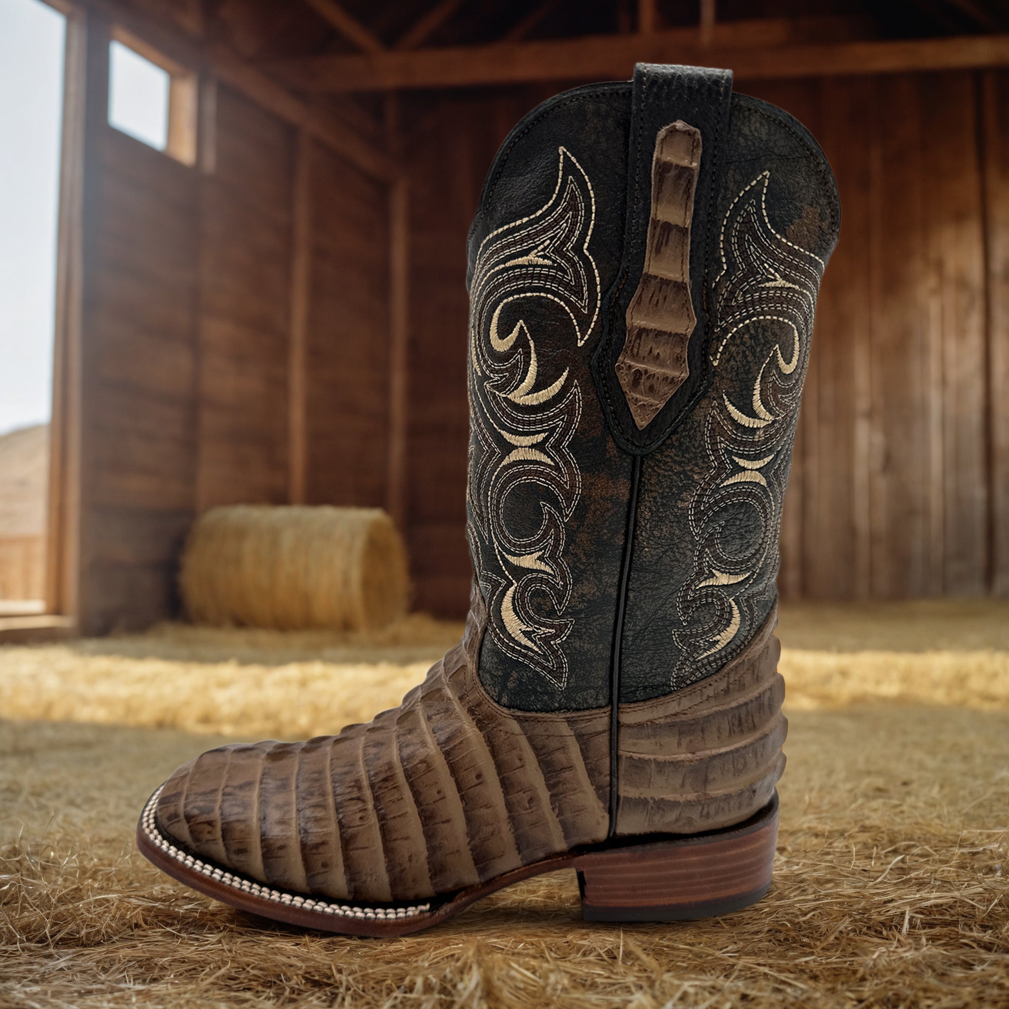 Men's Leather Alligator Tail Print Square Toe Western Cowboy Boot