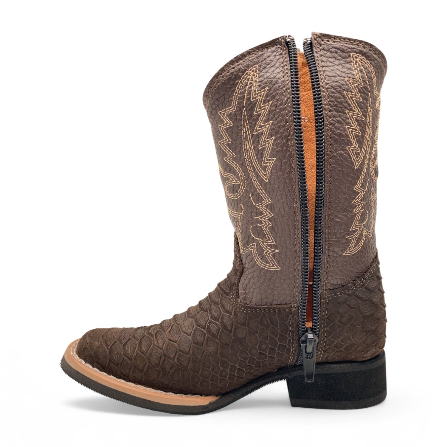 Kids Python Print Leather Cowboy Boots, Square Toe Side Zipper Boys Western Boot