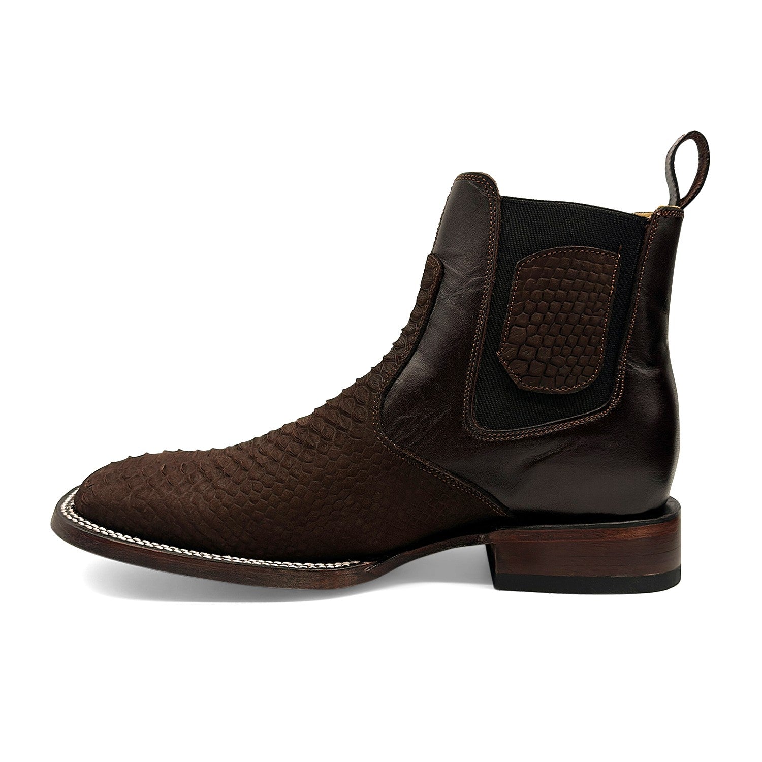 Men’s Genuine Leather Broad Square Toe Embossed Python Snake Print Ankle Botin Cowboy Boot