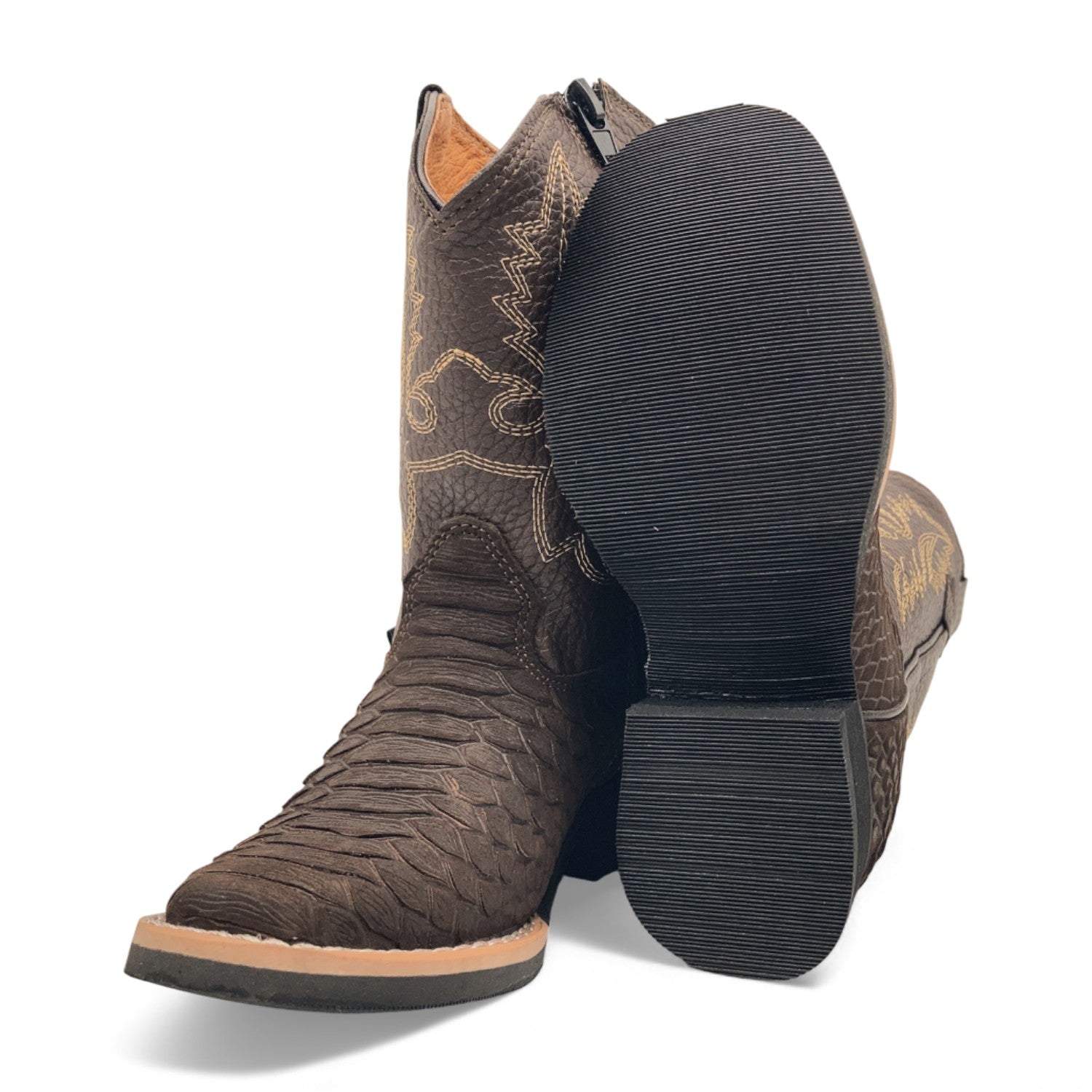 Kids Python Print Leather Cowboy Boots, Square Toe Side Zipper Boys Western Boot