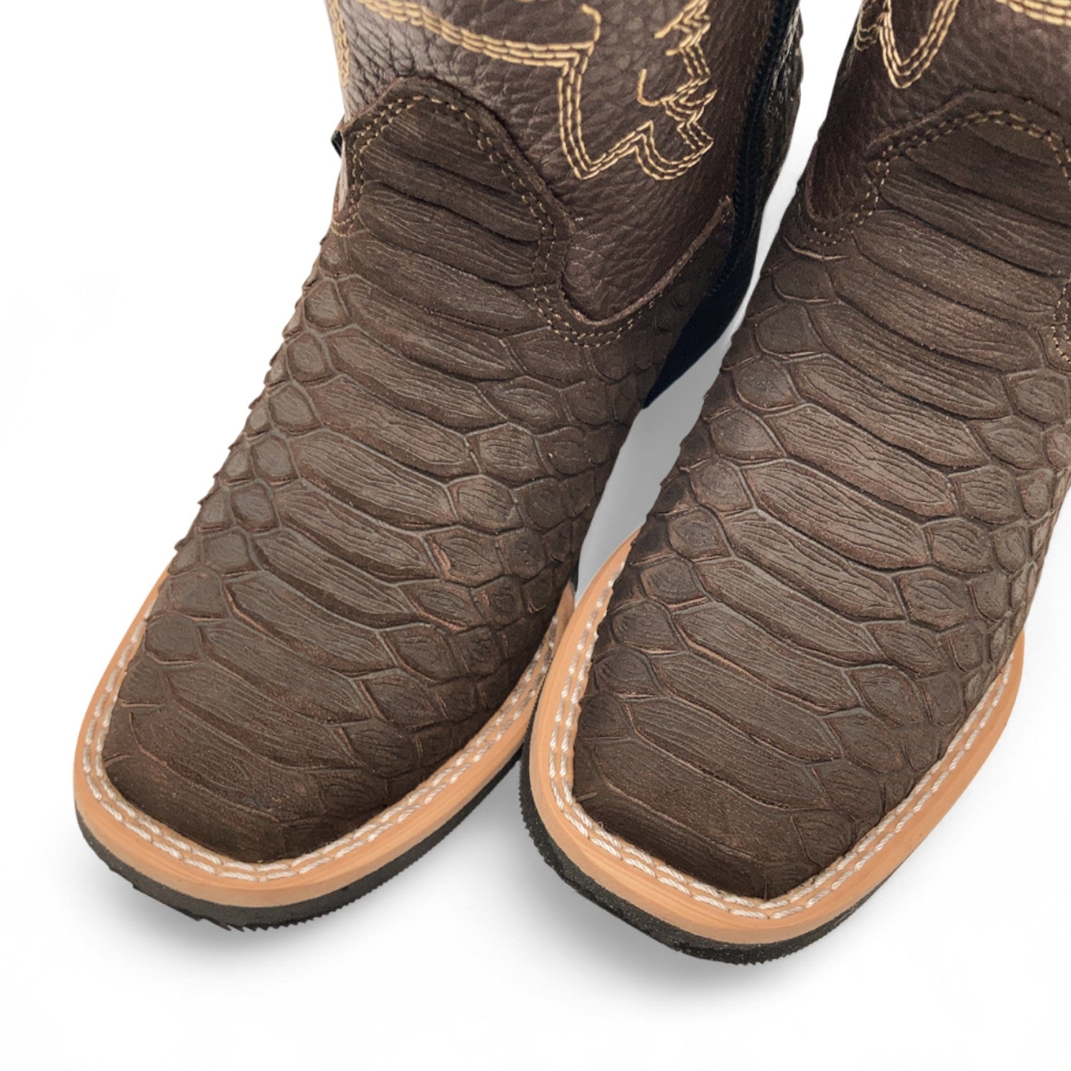 Kids Python Print Leather Cowboy Boots, Square Toe Side Zipper Boys Western Boot