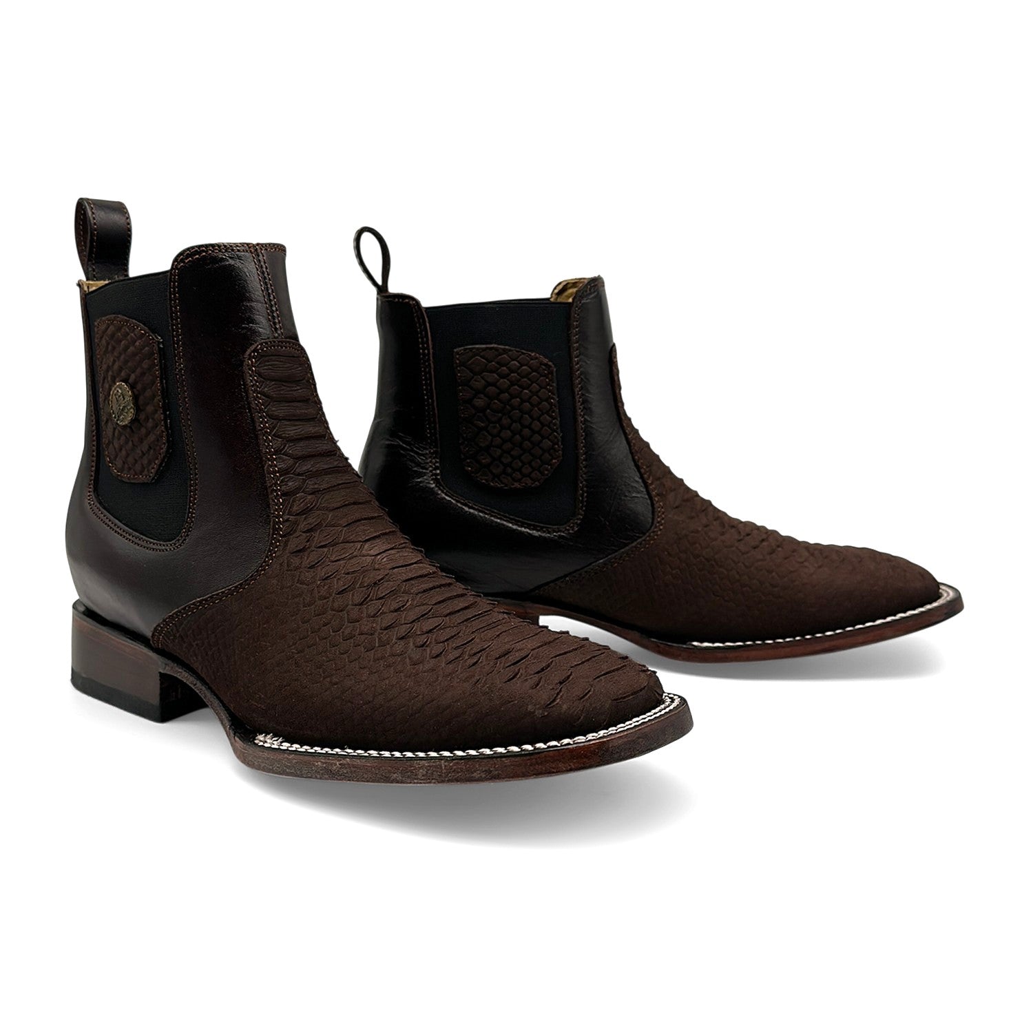 Men’s Genuine Leather Broad Square Toe Embossed Python Snake Print Ankle Botin Cowboy Boot