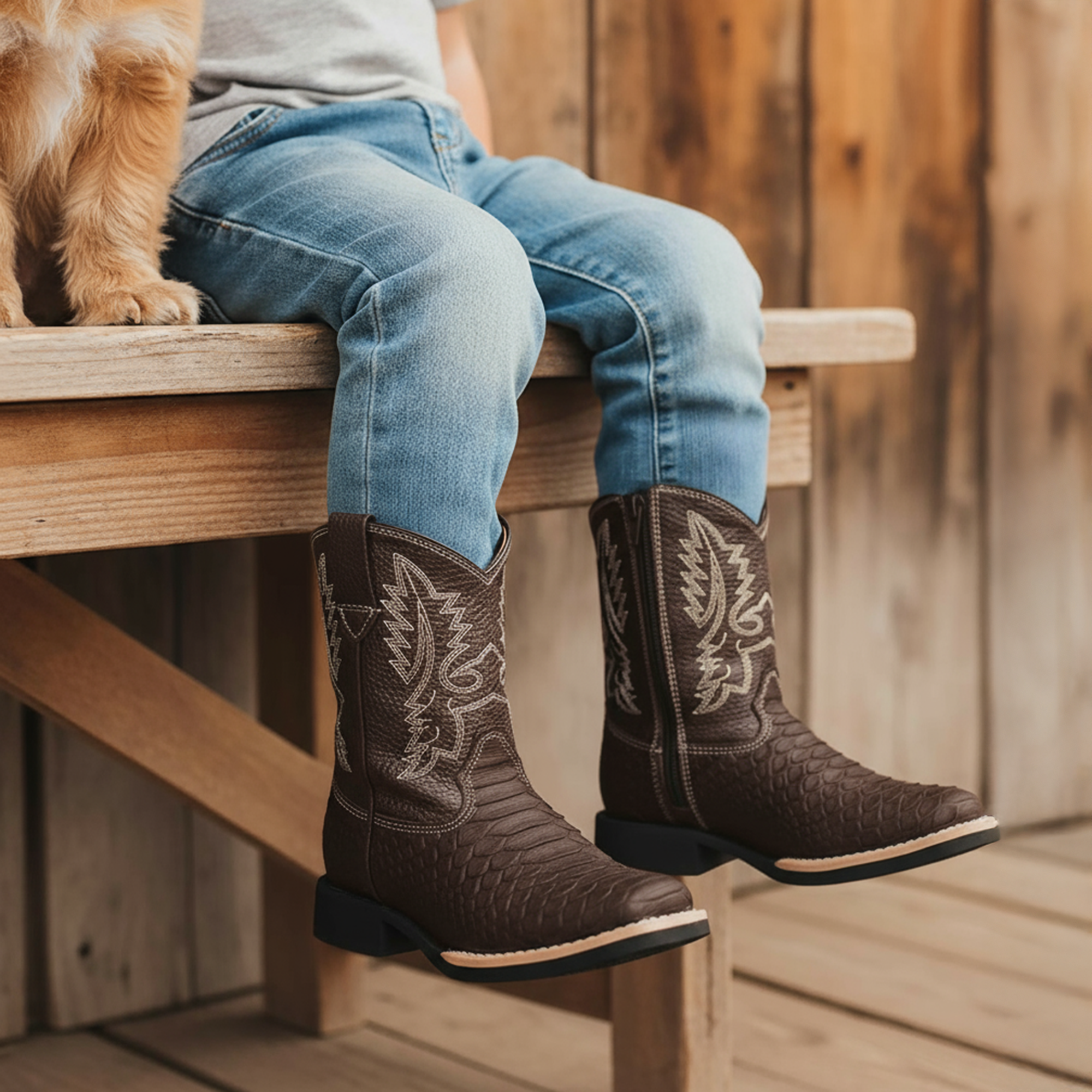 Kids Python Print Leather Cowboy Boots, Square Toe Side Zipper Boys Western Boot