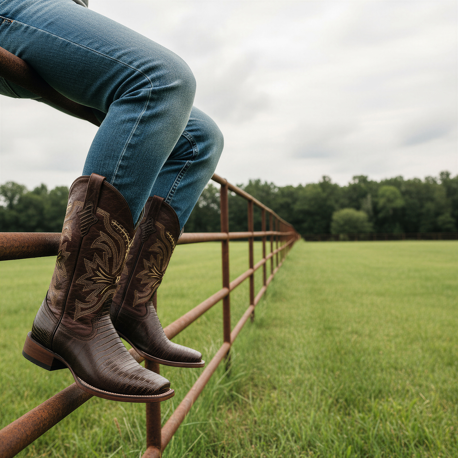Men’s Leather Lizard Print Western Cowboy Boots Square Toe