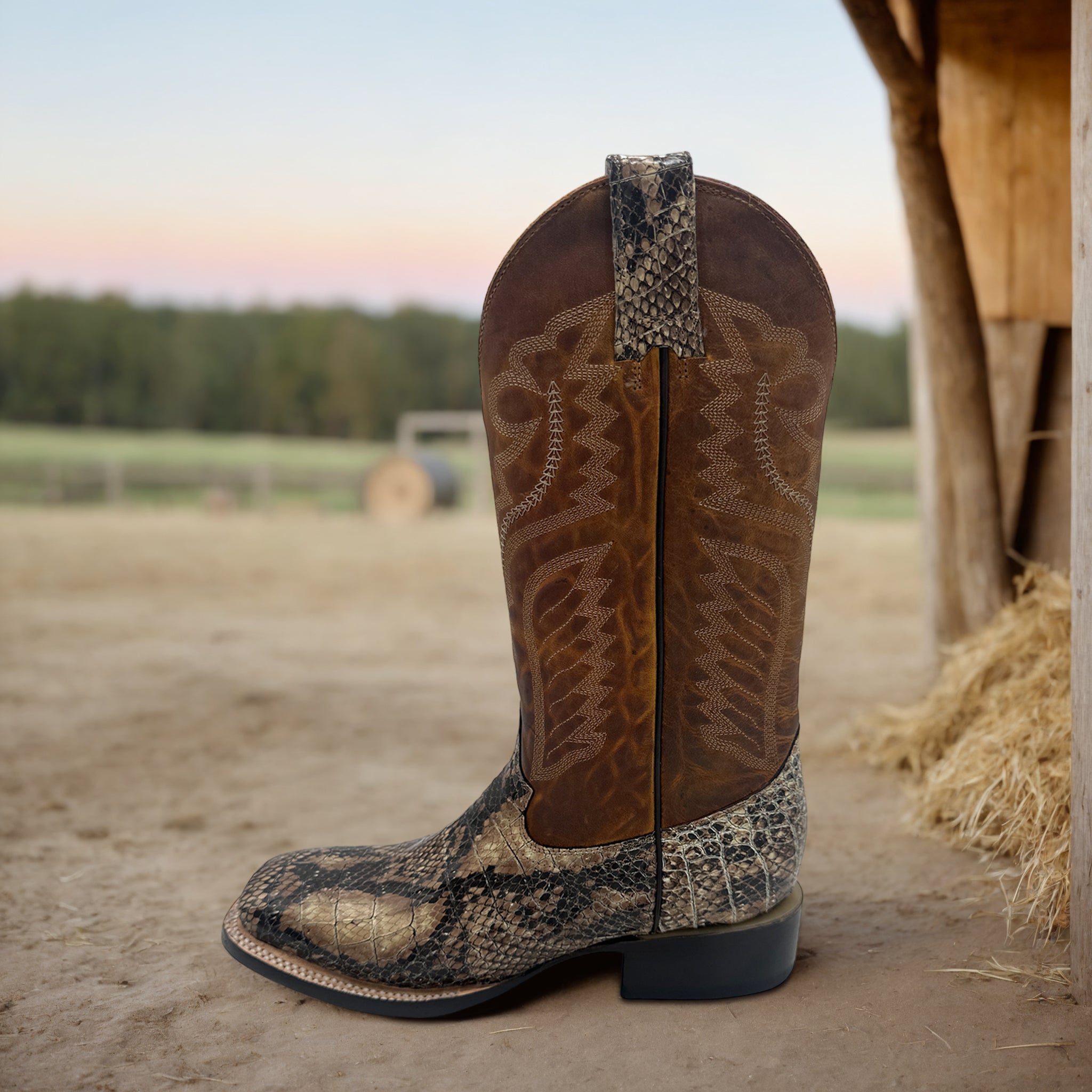 MENS EXOTIC PYTHON SNAKE PRINT SQUARE TOE LEATHER BOOT