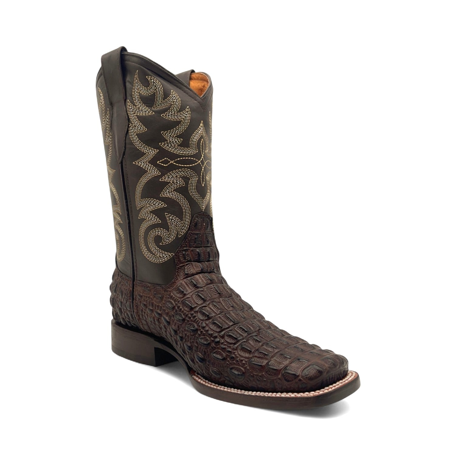 Men’s Leather Square Toe Western Boot With Embossed Crocodile Print
