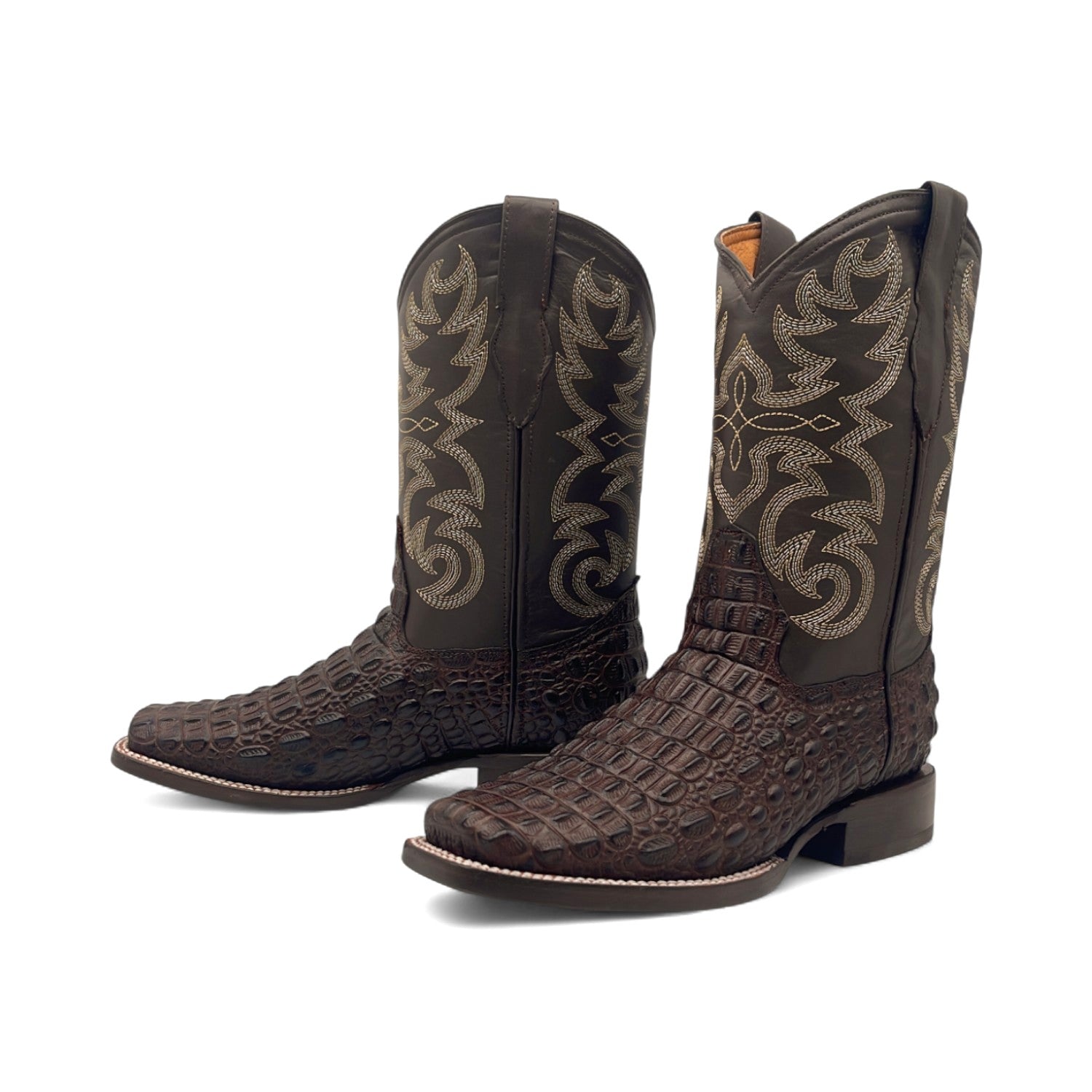 Men’s Leather Square Toe Western Boot With Embossed Crocodile Print