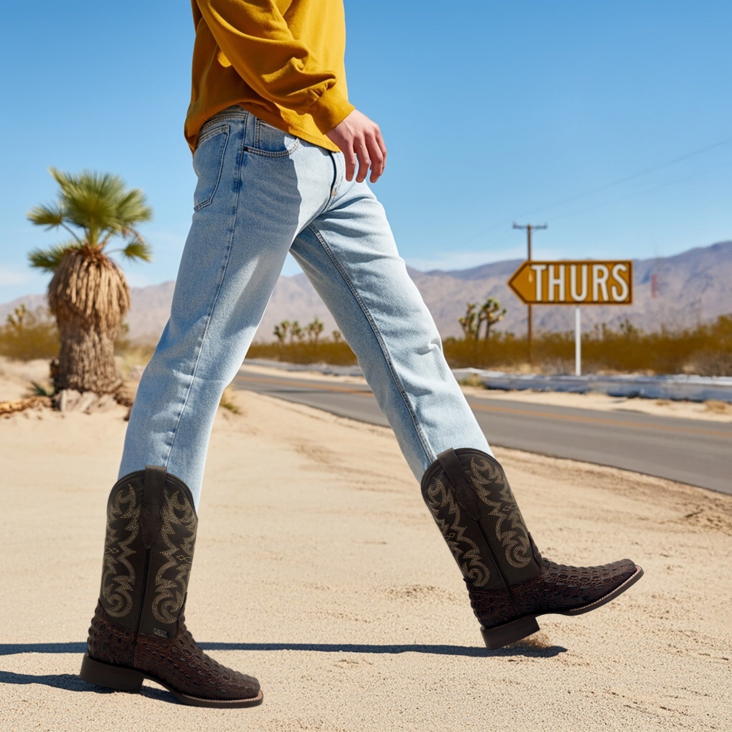 Men’s Leather Square Toe Western Boot With Embossed Crocodile Print