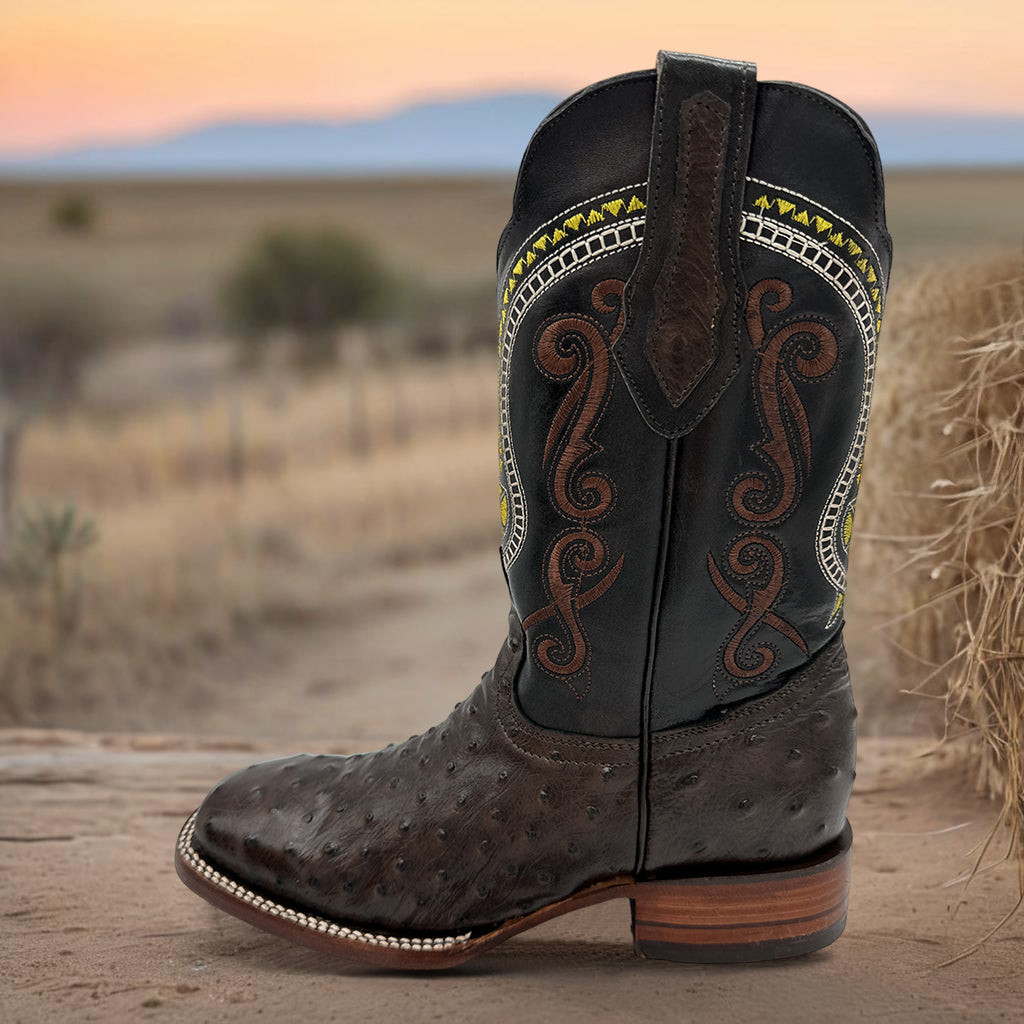 Men's Leather Ostrich Quill Print Square Toe Western Cowboy Boot