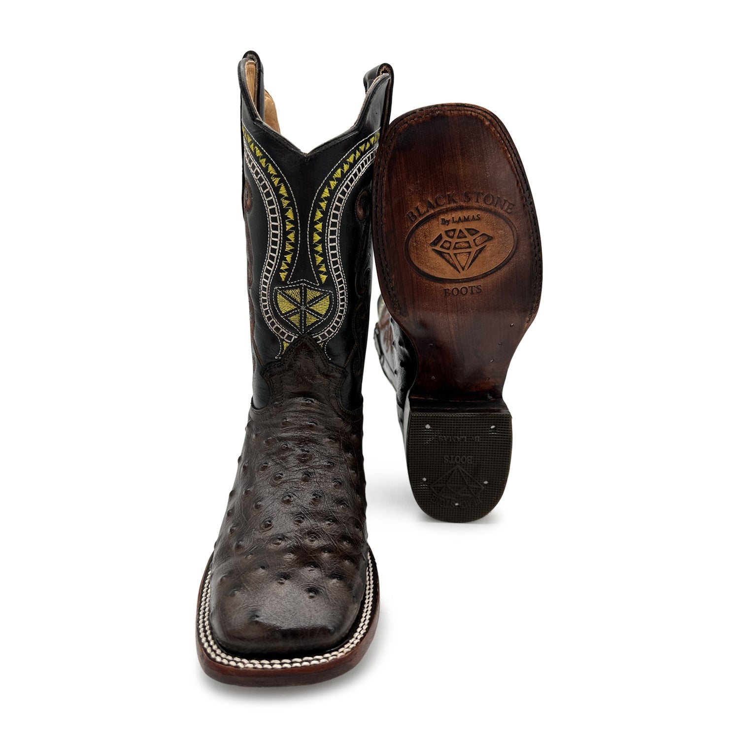 Men's Leather Ostrich Quill Print Square Toe Western Cowboy Boot