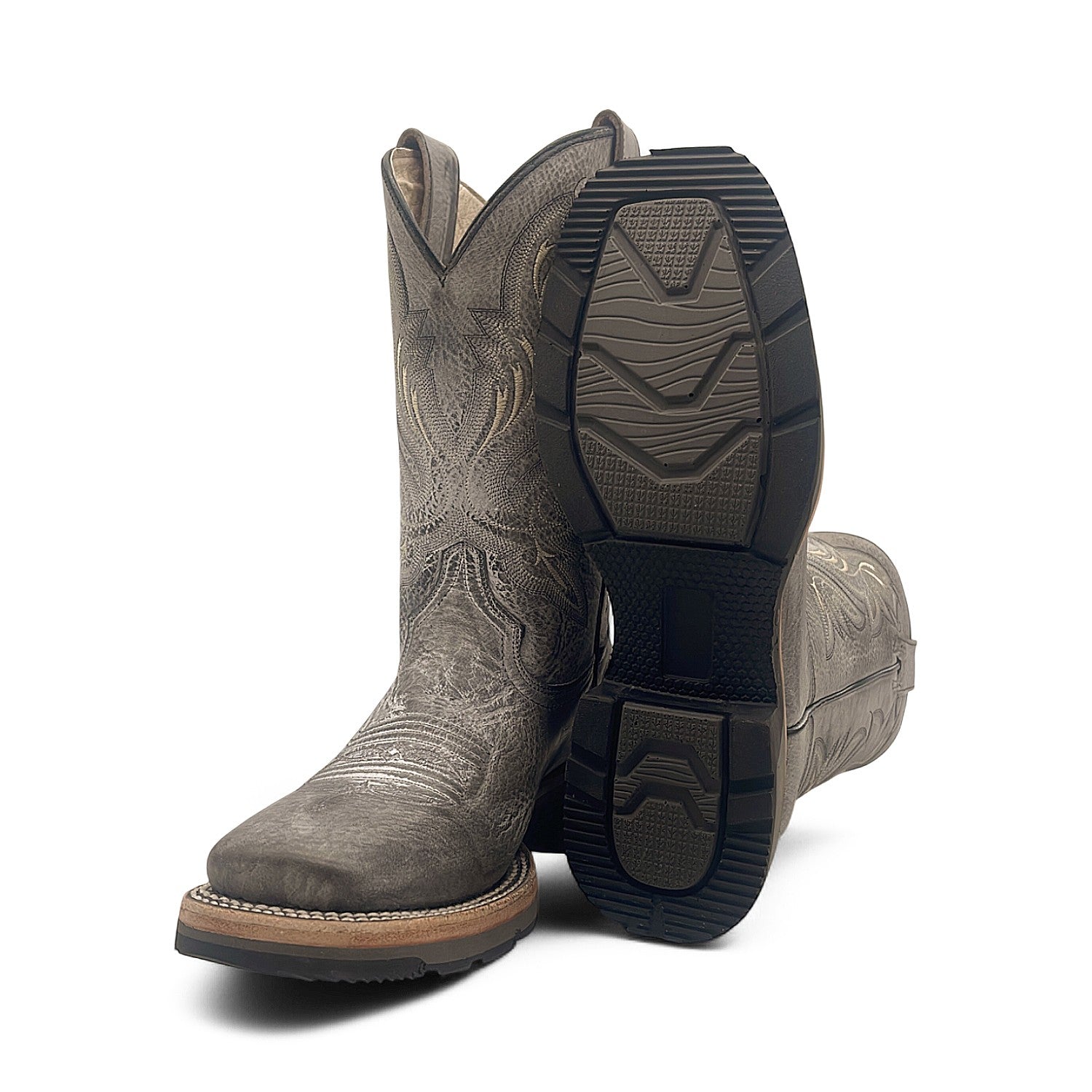 Men’s Leather Western Cowboy Boot Square Toe Mid Calf Rubber Sole