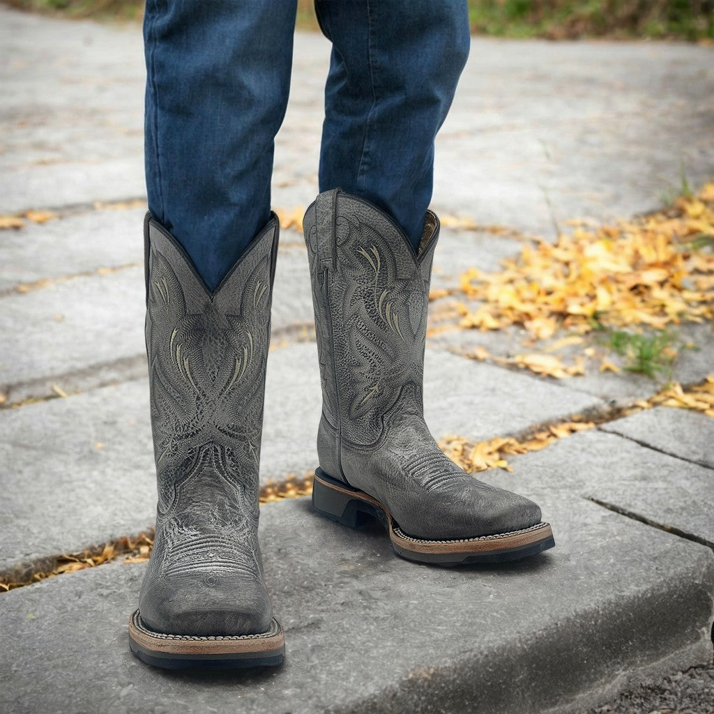 Men’s Leather Western Cowboy Boot Square Toe Mid Calf Rubber Sole