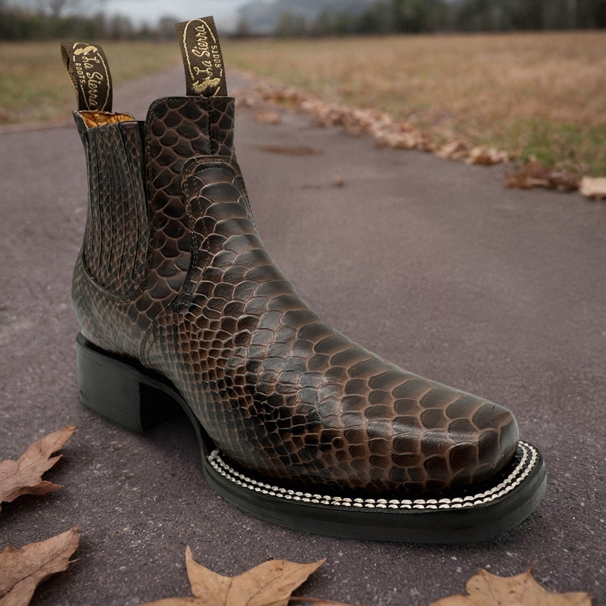 Men’s Genuine Leather Square Toe Embossed Python Snake Print Short Ankle Cowboy Boot