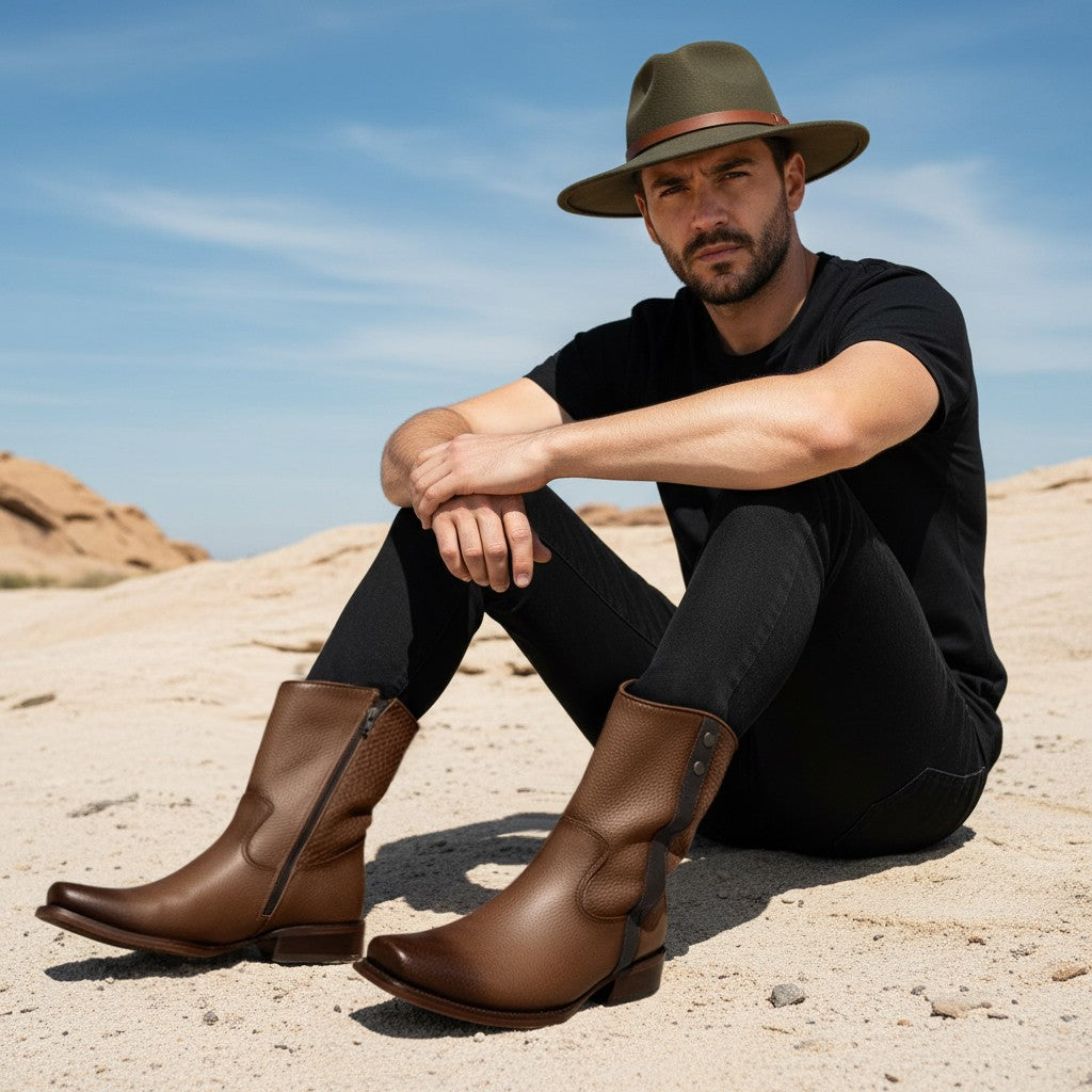 Men’s Genuine Leather Midcalf Western Cowboy Boot, With Side Zipper, Square Toe