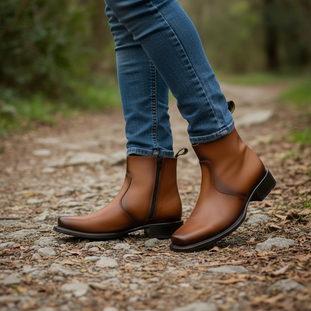 Men’s Leather Ankle Western Boot Side Zipper Square Toe