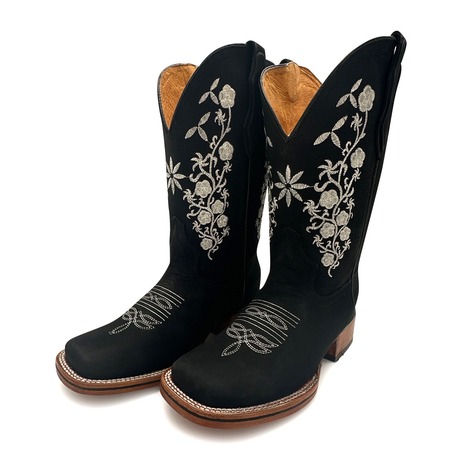 Womens Leather Square Toe Embroidered Western Boot