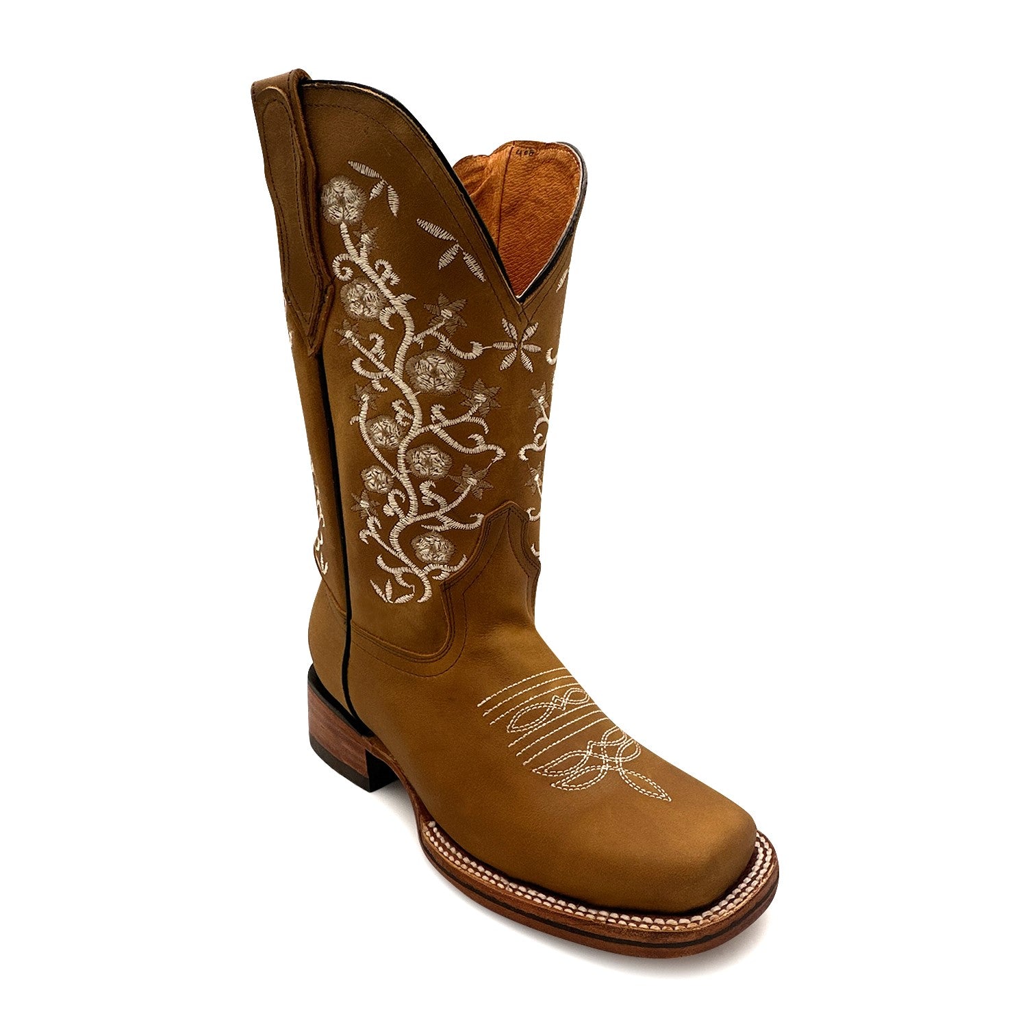 Womens Leather Square Toe Embroidered Western Boot