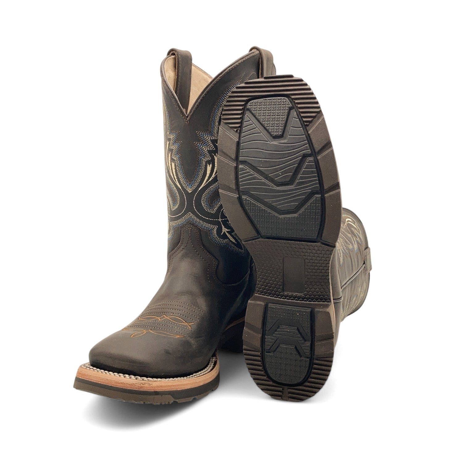 Men’s Leather Western Cowboy Boot Square Toe Mid Calf Rubber Sole