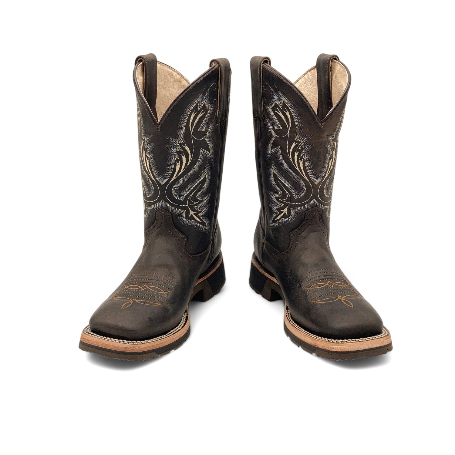 Men’s Leather Western Cowboy Boot Square Toe Mid Calf Rubber Sole