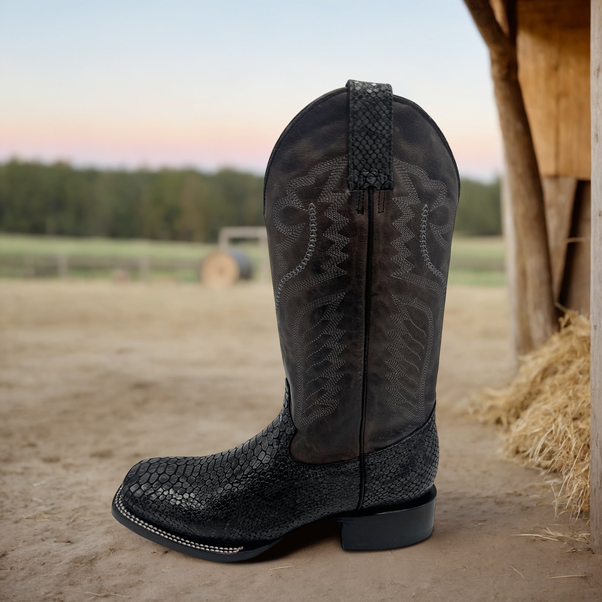 MENS EXOTIC PYTHON SNAKE PRINT SQUARE TOE LEATHER BOOT