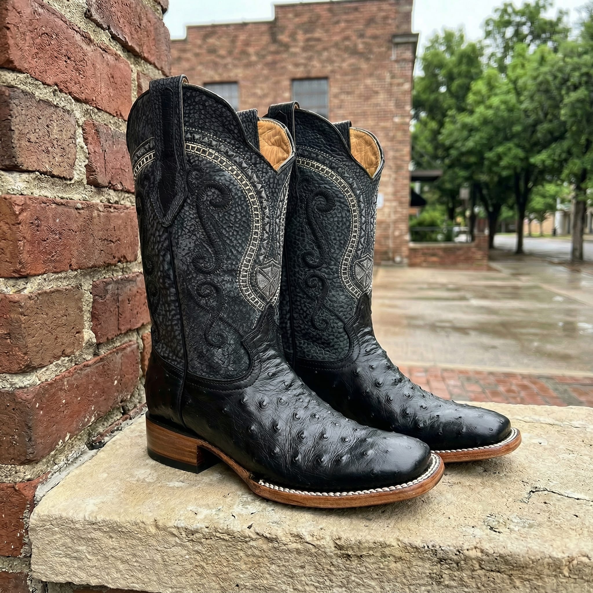Men's Leather Ostrich Quill Print Square Toe Western Cowboy Boot