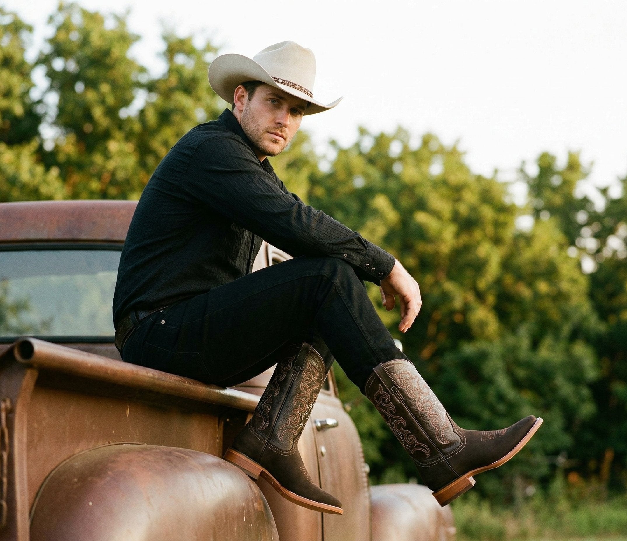 Men's Genuine Leather Square Toe Cowboy Boot