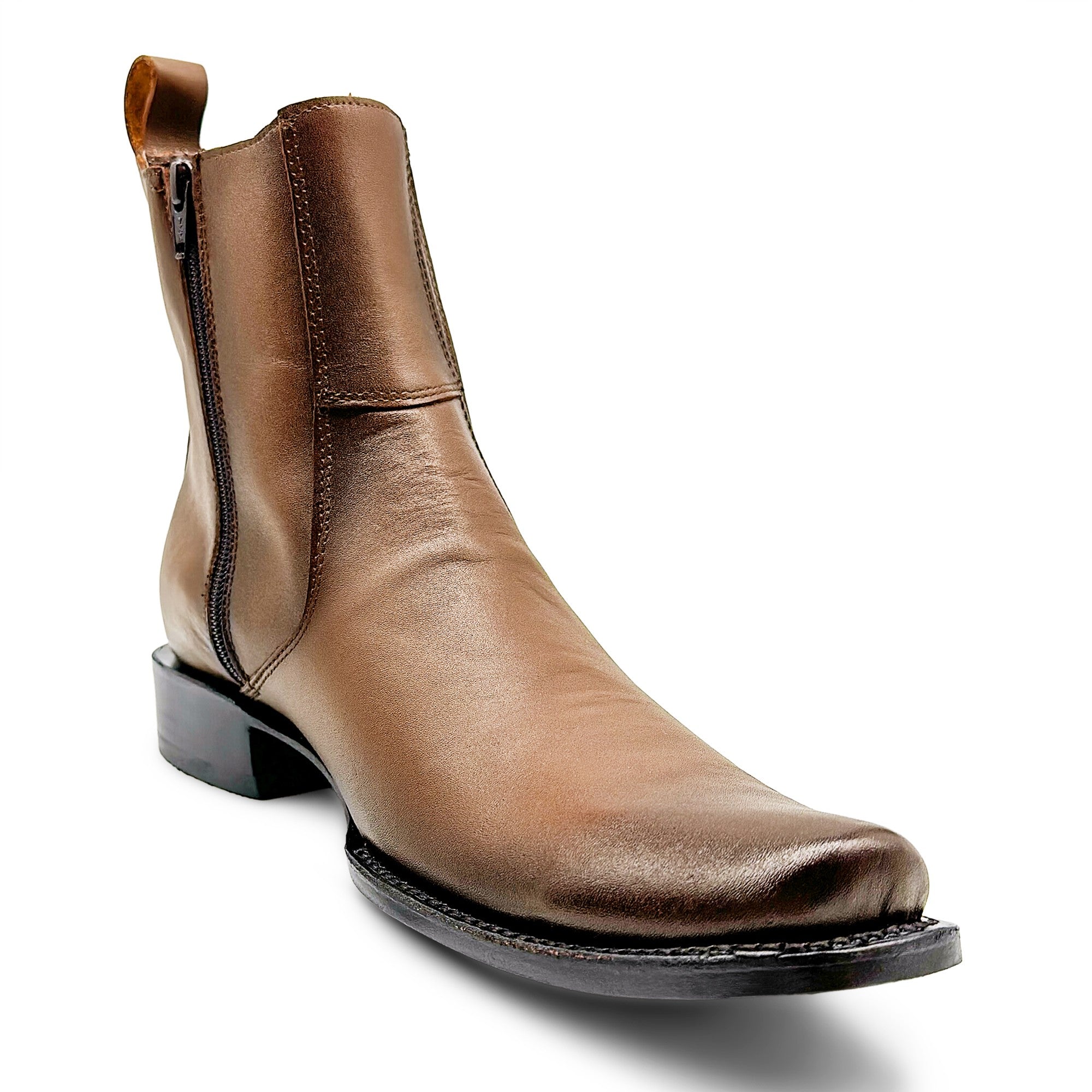 Men's Genuine Leather Ankle High Western Boot Side Zipper Square Toe Dress Cowboy Boot