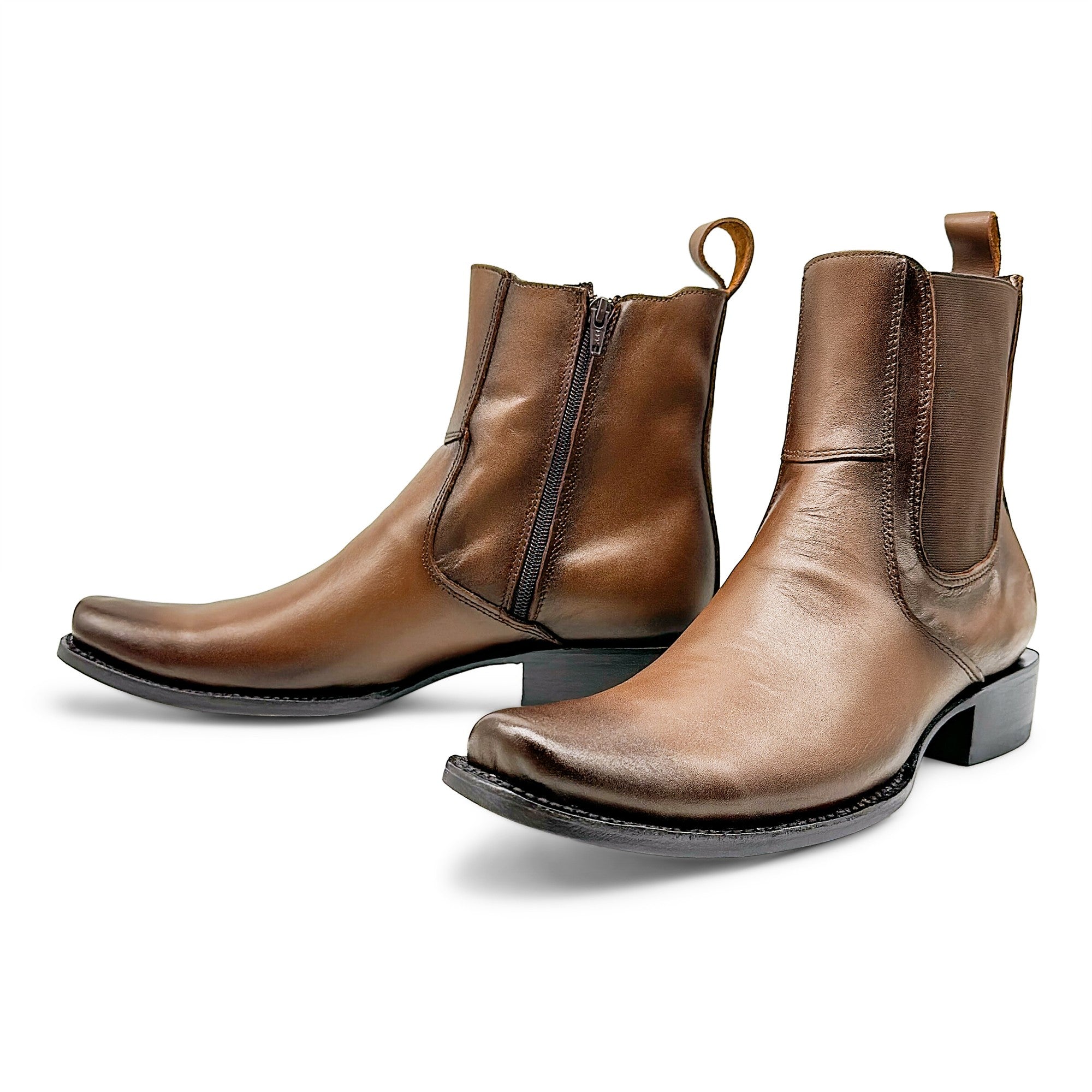 Men's Genuine Leather Ankle High Western Boot Side Zipper Square Toe Dress Cowboy Boot