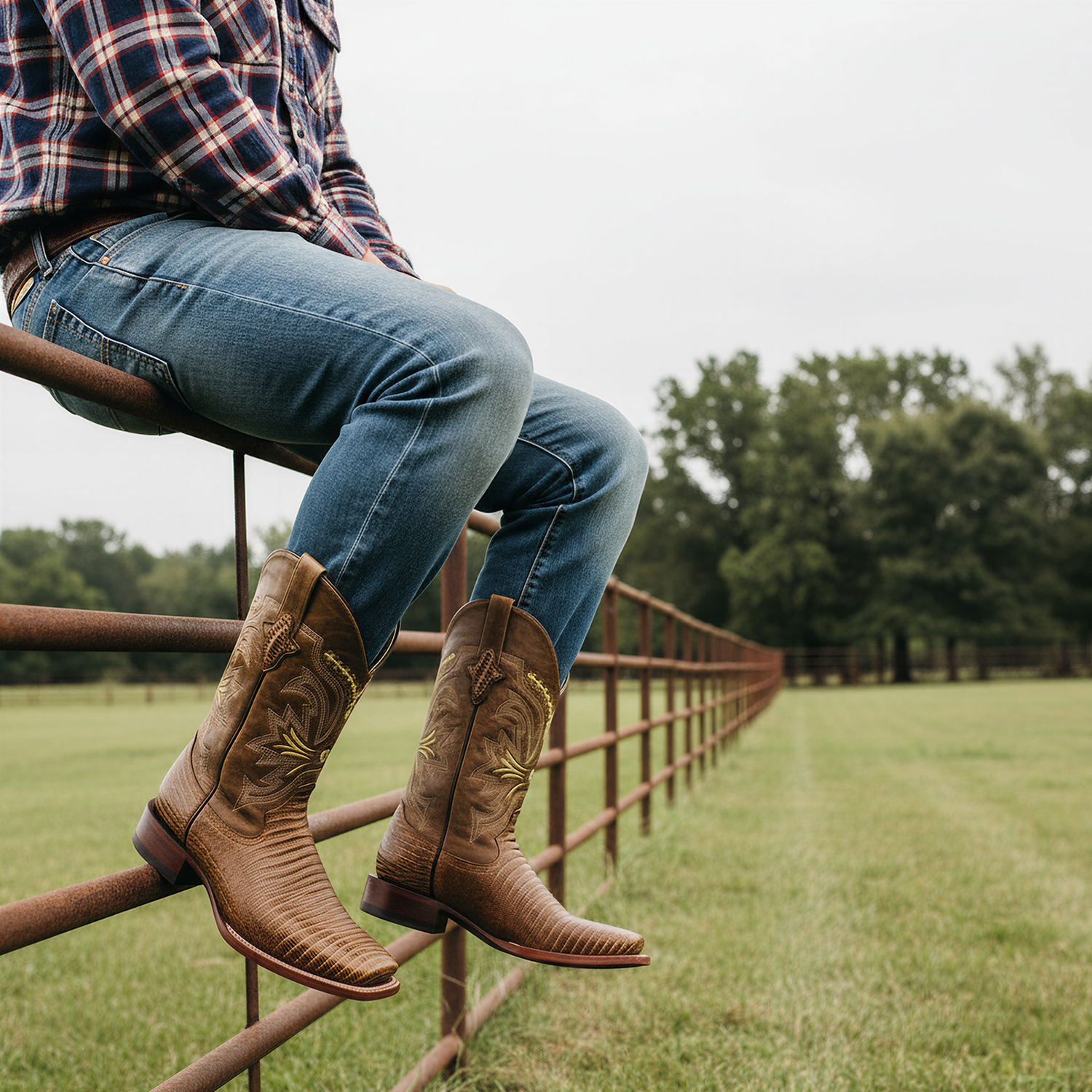 Men’s Leather Lizard Print Western Cowboy Boots Square Toe