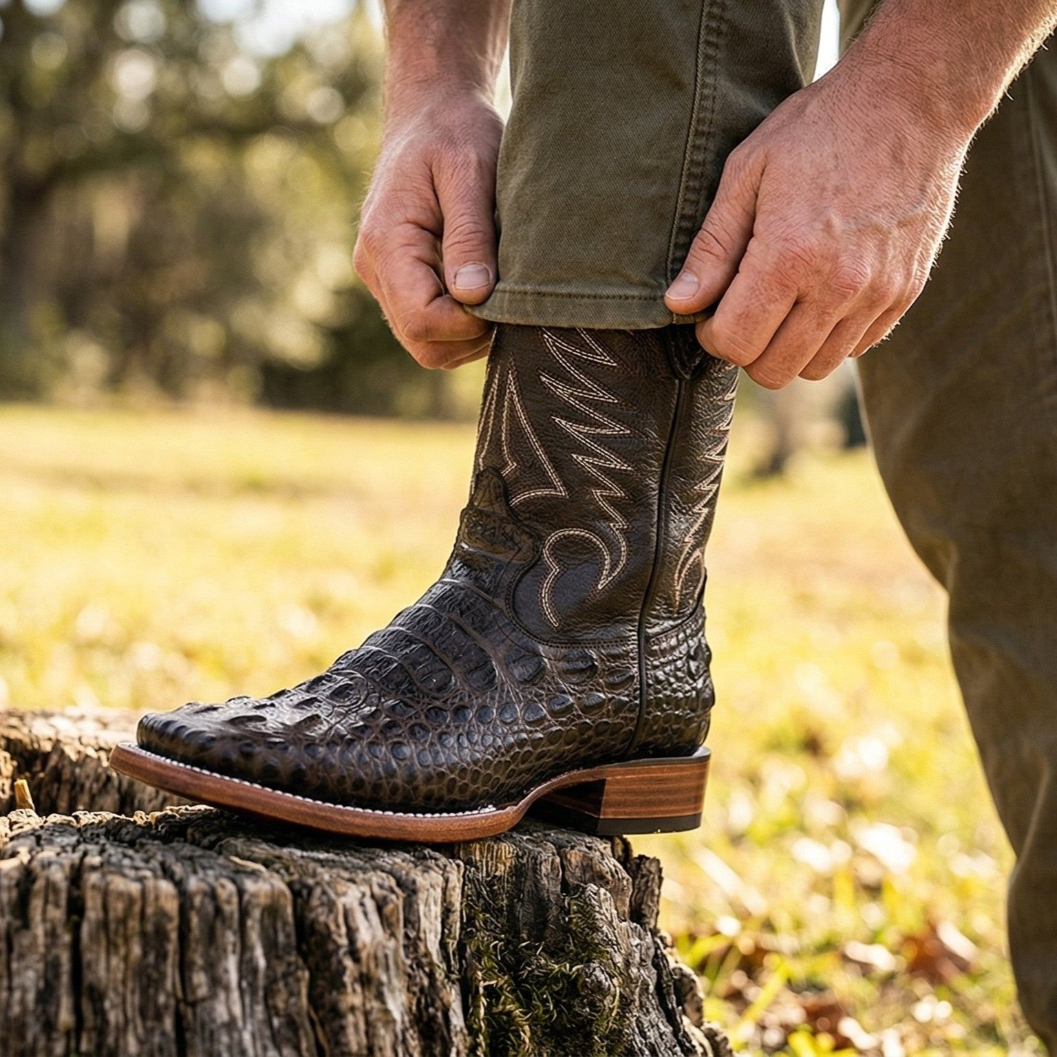 Men's Leather Square Toe Cowboy Boot Embossed Crocodile Alligator Print Western Boot