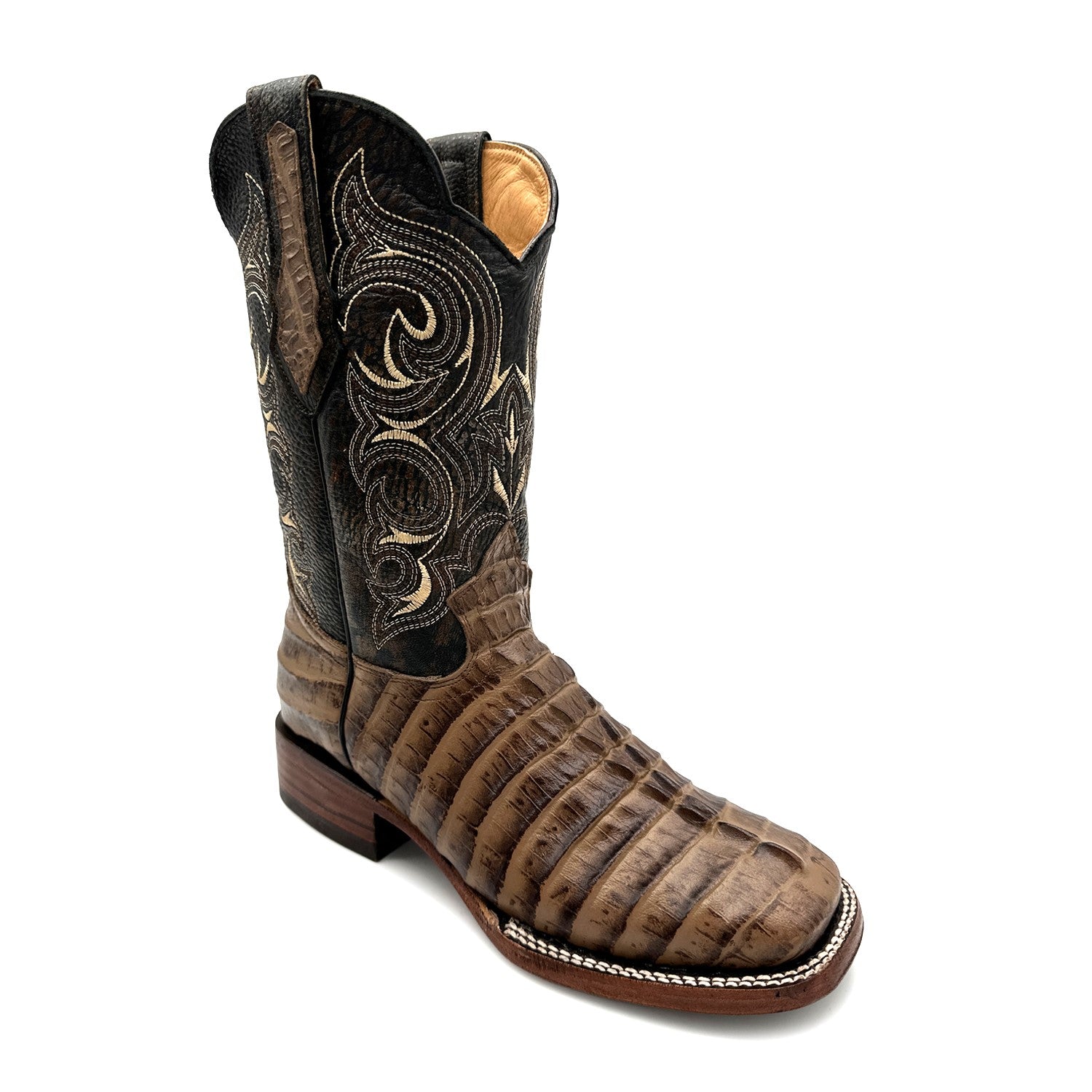 Men's Leather Alligator Tail Print Square Toe Western Cowboy Boot