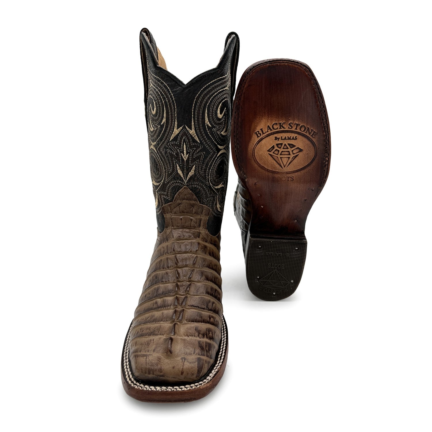 Men's Leather Alligator Tail Print Square Toe Western Cowboy Boot