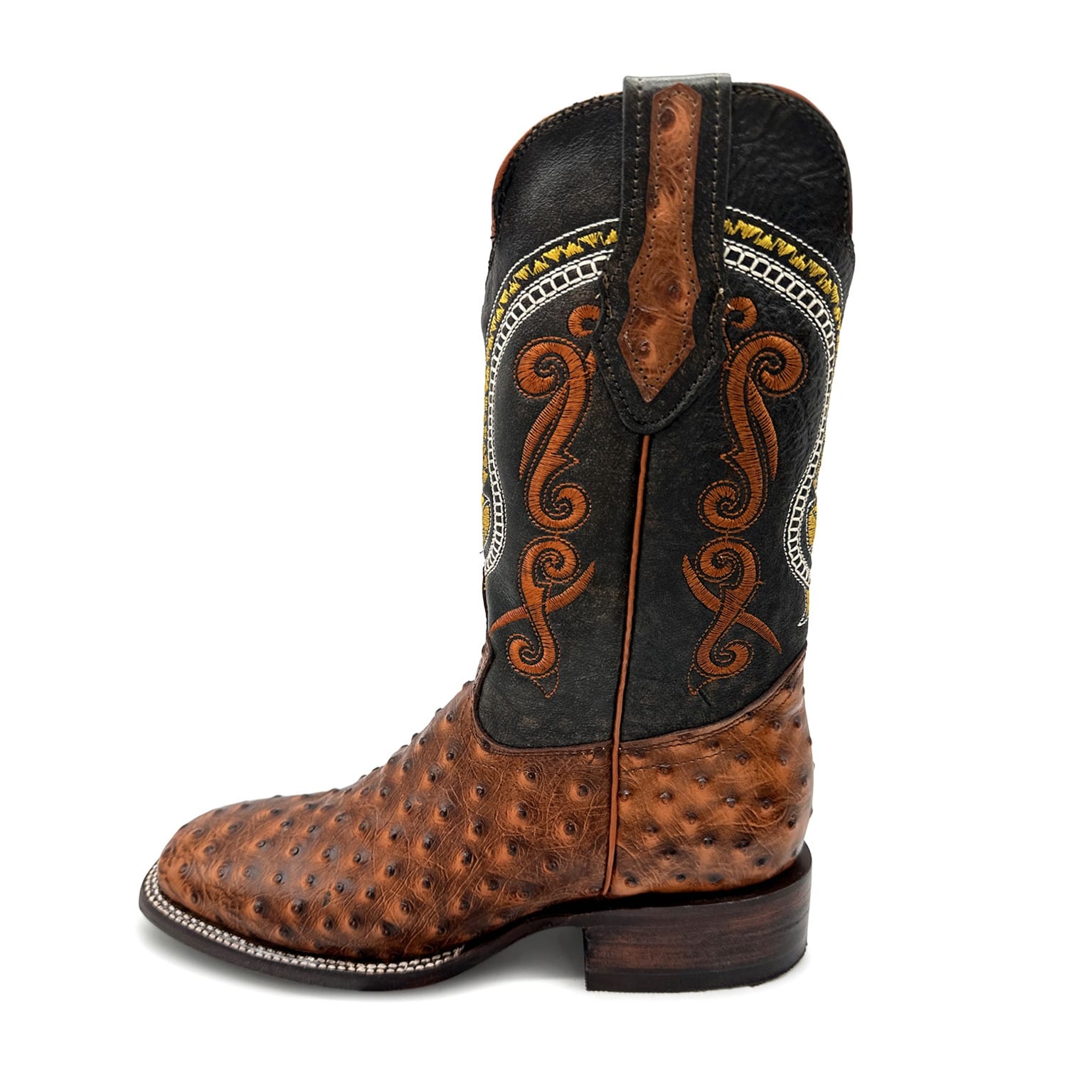 Men's Leather Ostrich Quill Print Square Toe Western Cowboy Boot