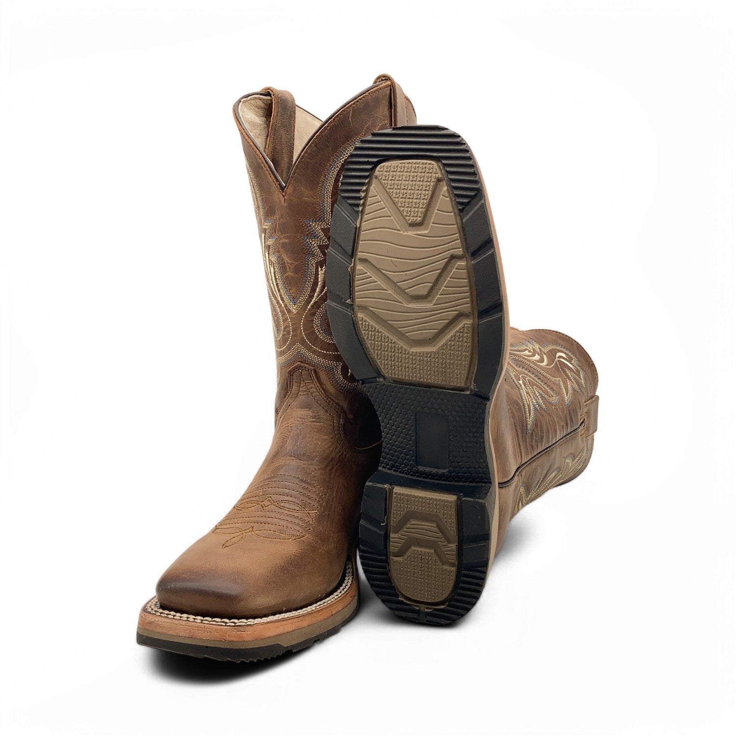 Men’s Leather Western Cowboy Boot Square Toe Mid Calf Rubber Sole