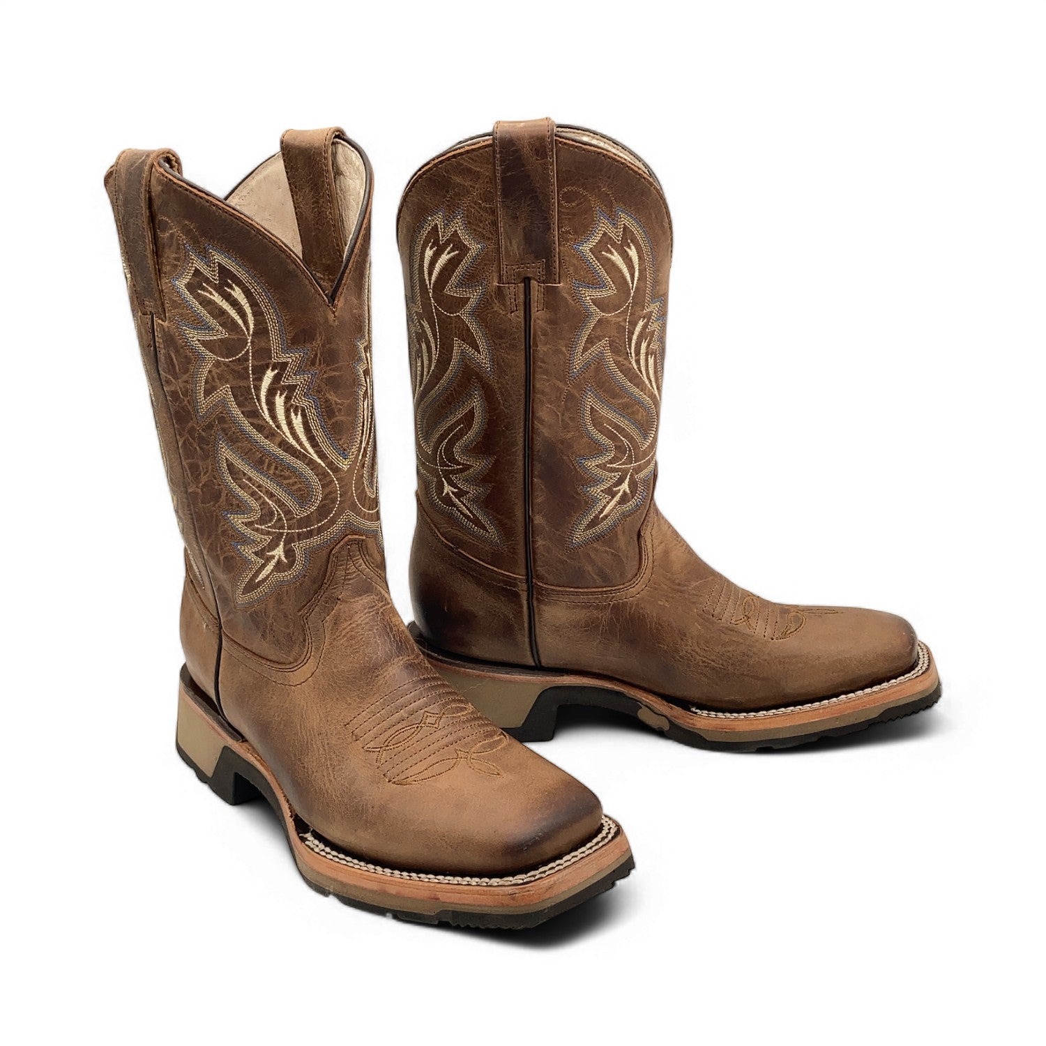 Men’s Leather Western Cowboy Boot Square Toe Mid Calf Rubber Sole