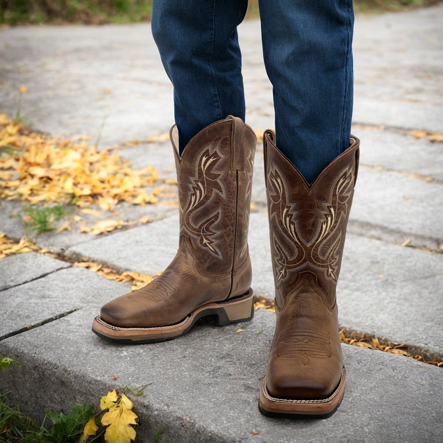 Men’s Leather Western Cowboy Boot Square Toe Mid Calf Rubber Sole