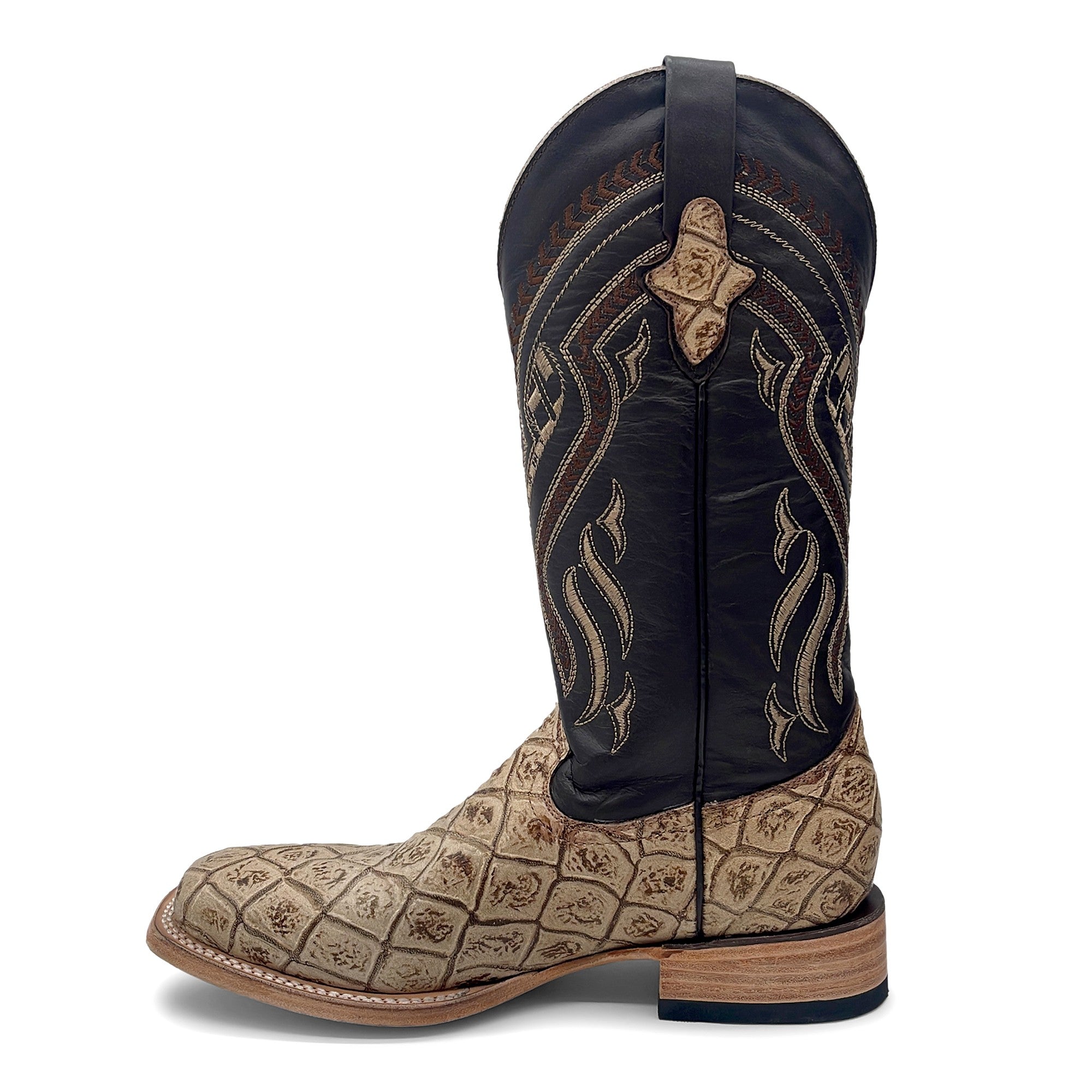 Men’s Leather Western Boot Pirarucu Fish Print Square Toe Mid-Calf