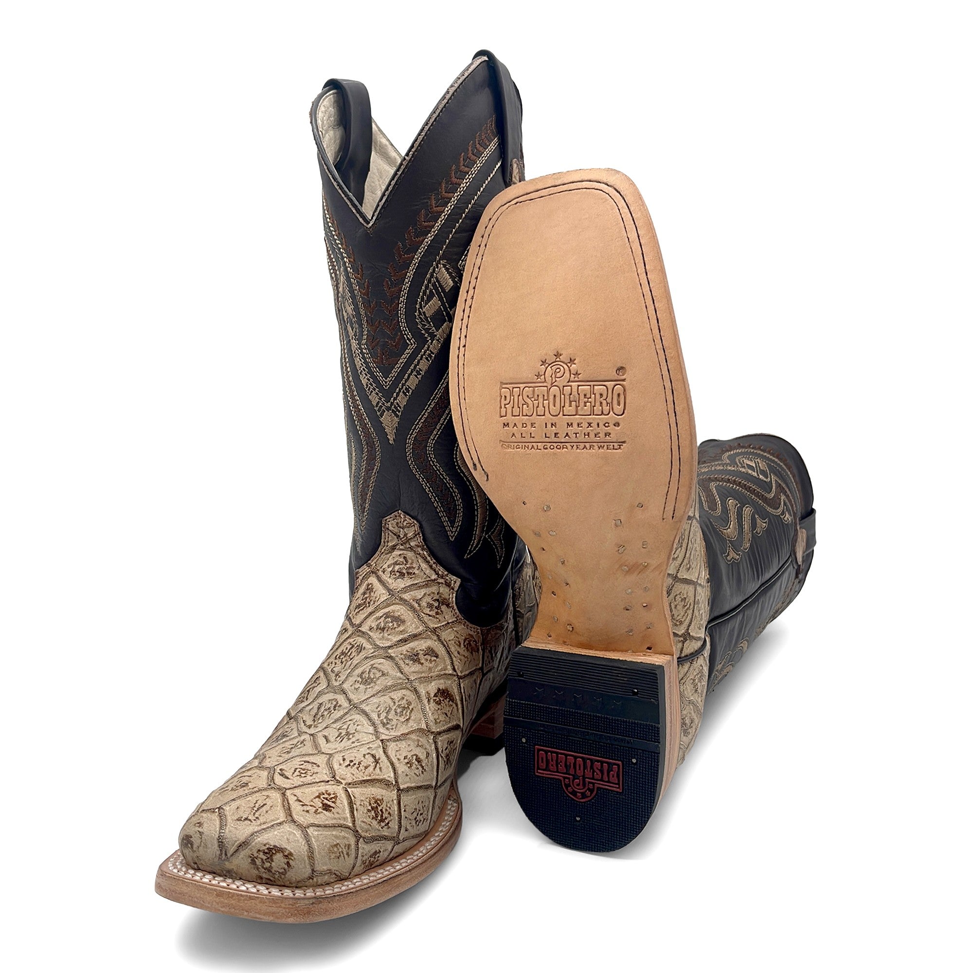 Men’s Leather Western Boot Pirarucu Fish Print Square Toe Mid-Calf