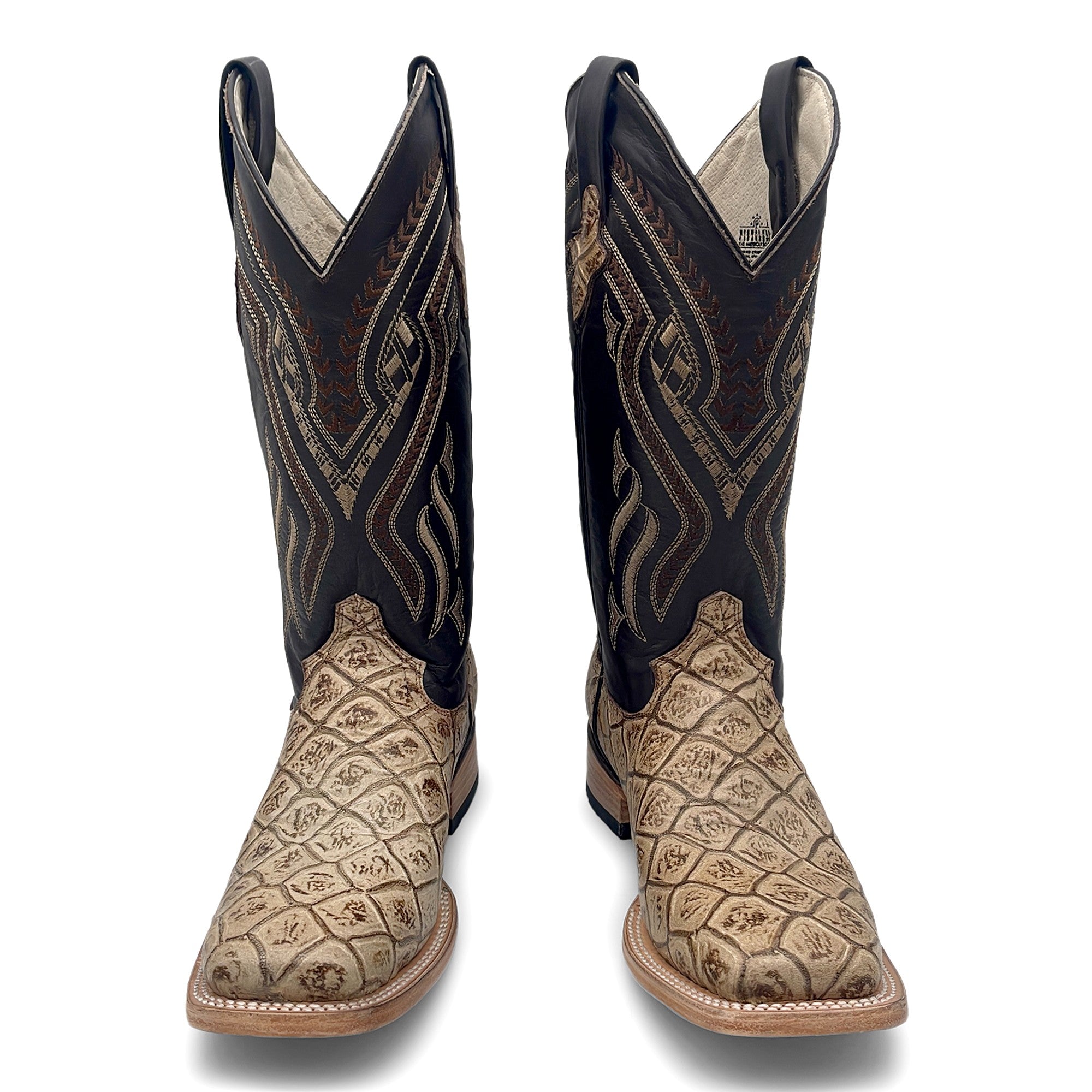 Men’s Leather Western Boot Pirarucu Fish Print Square Toe Mid-Calf