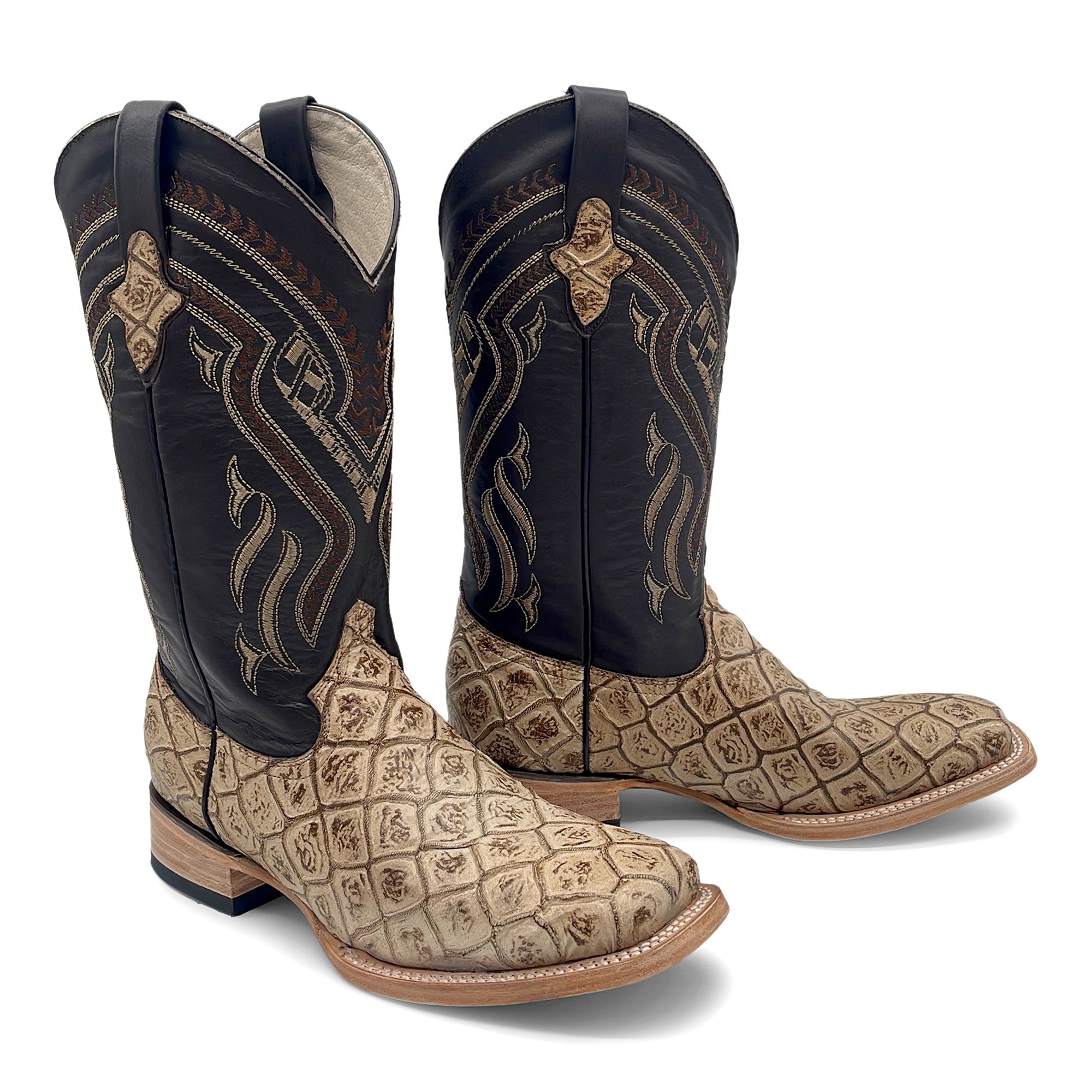 Men’s Leather Western Boot Pirarucu Fish Print Square Toe Mid-Calf