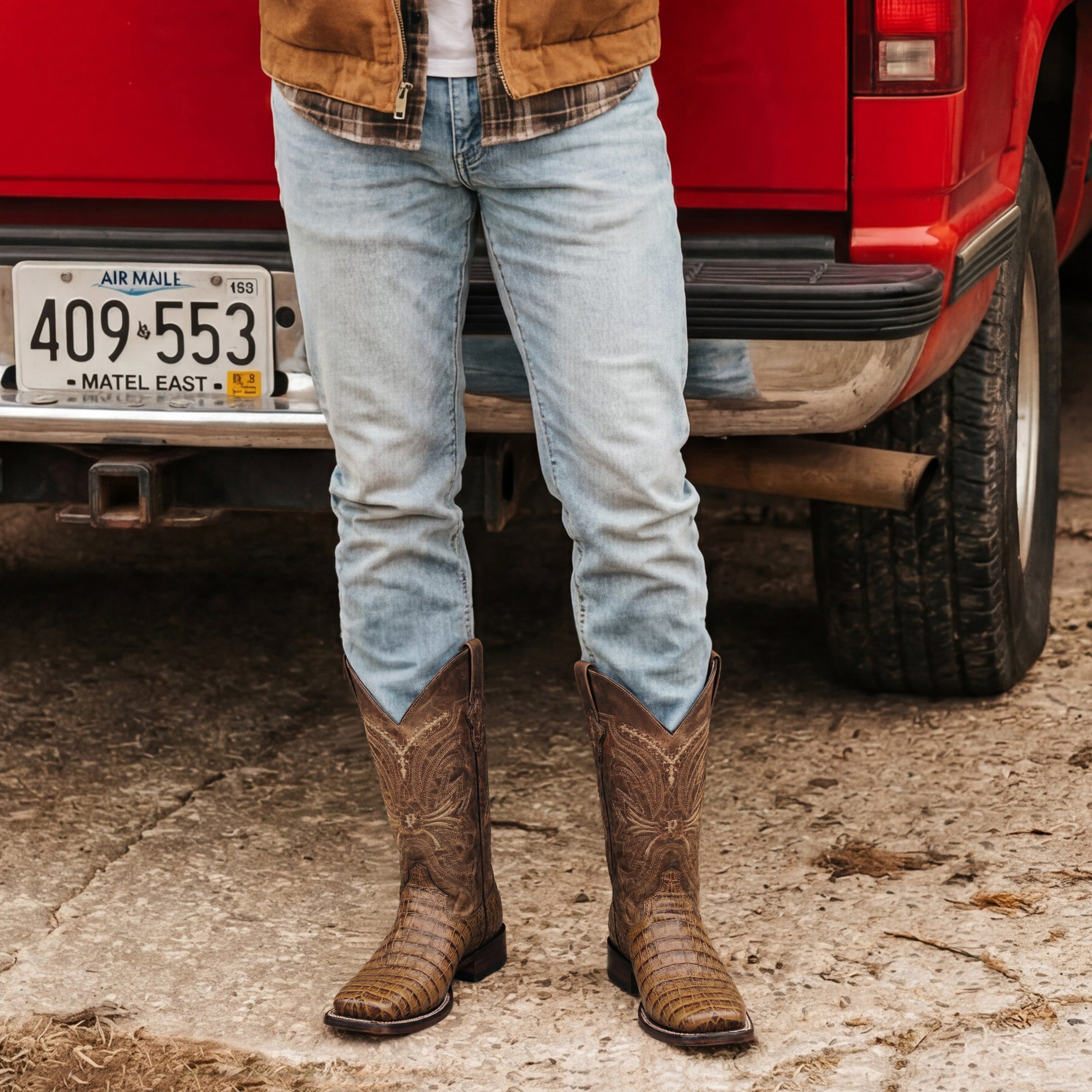 Men's Leather Crocodile Print Midcalf Square Toe Western Cowboy Boot