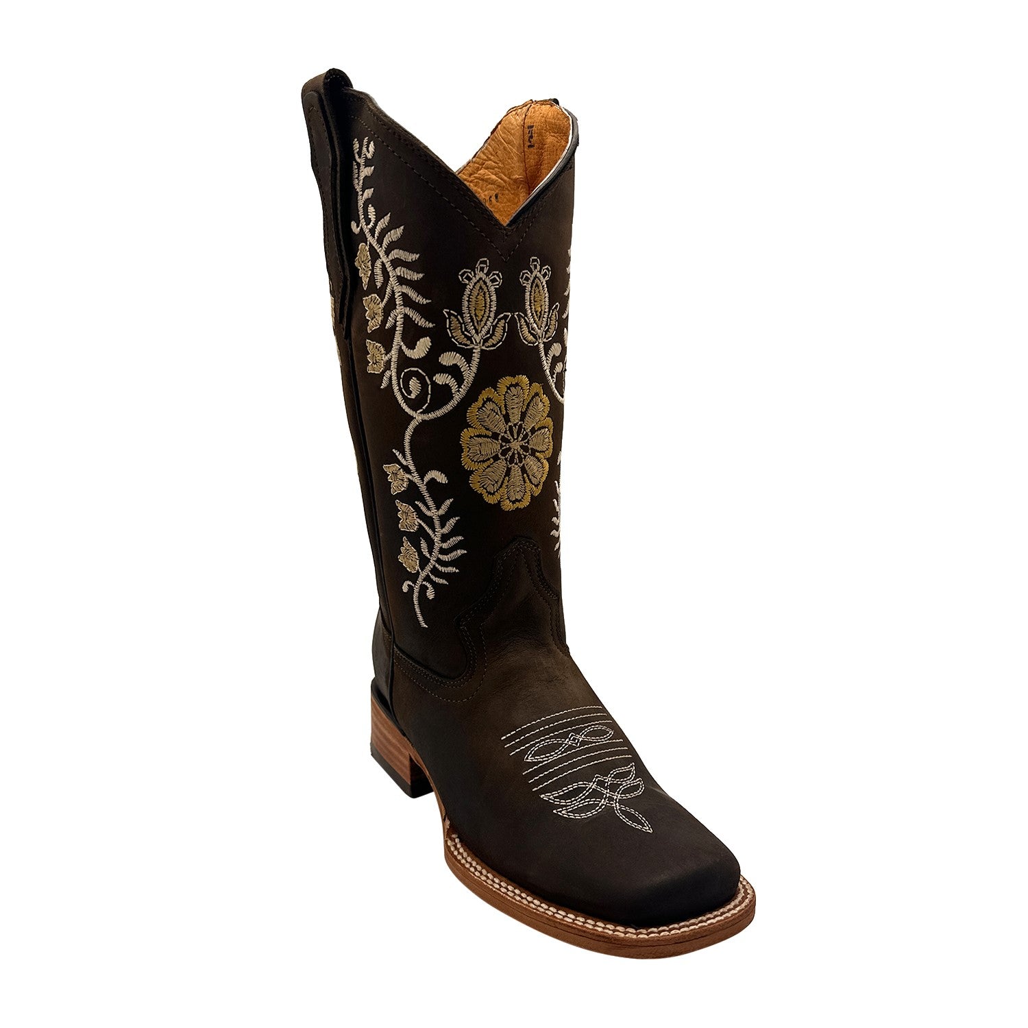 Women’s Genuine Leather Brown Square Toe Western Floral Embroidered Cowgirl Boots Mid-Calf