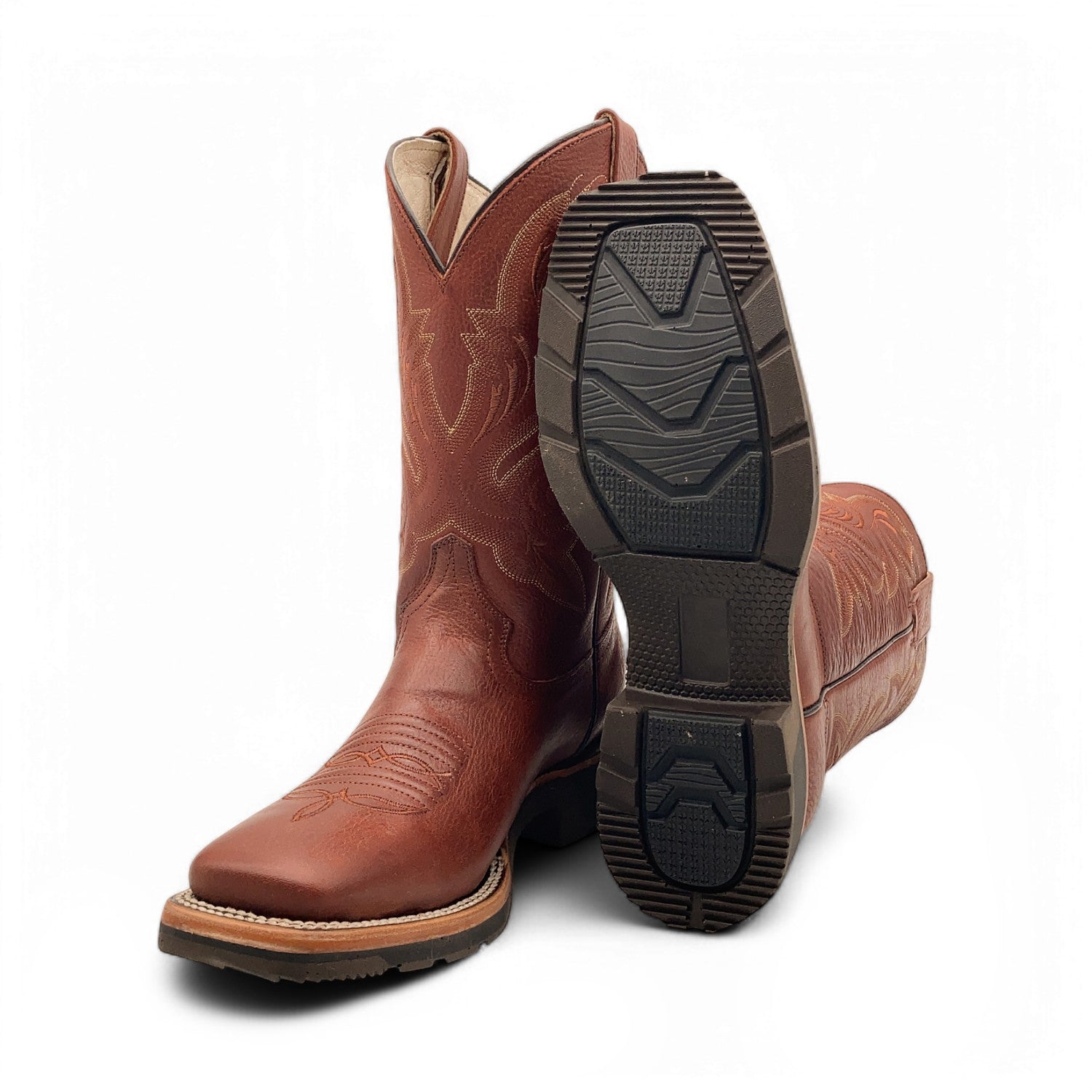 Men’s Leather Western Cowboy Boot Square Toe Mid Calf Rubber Sole